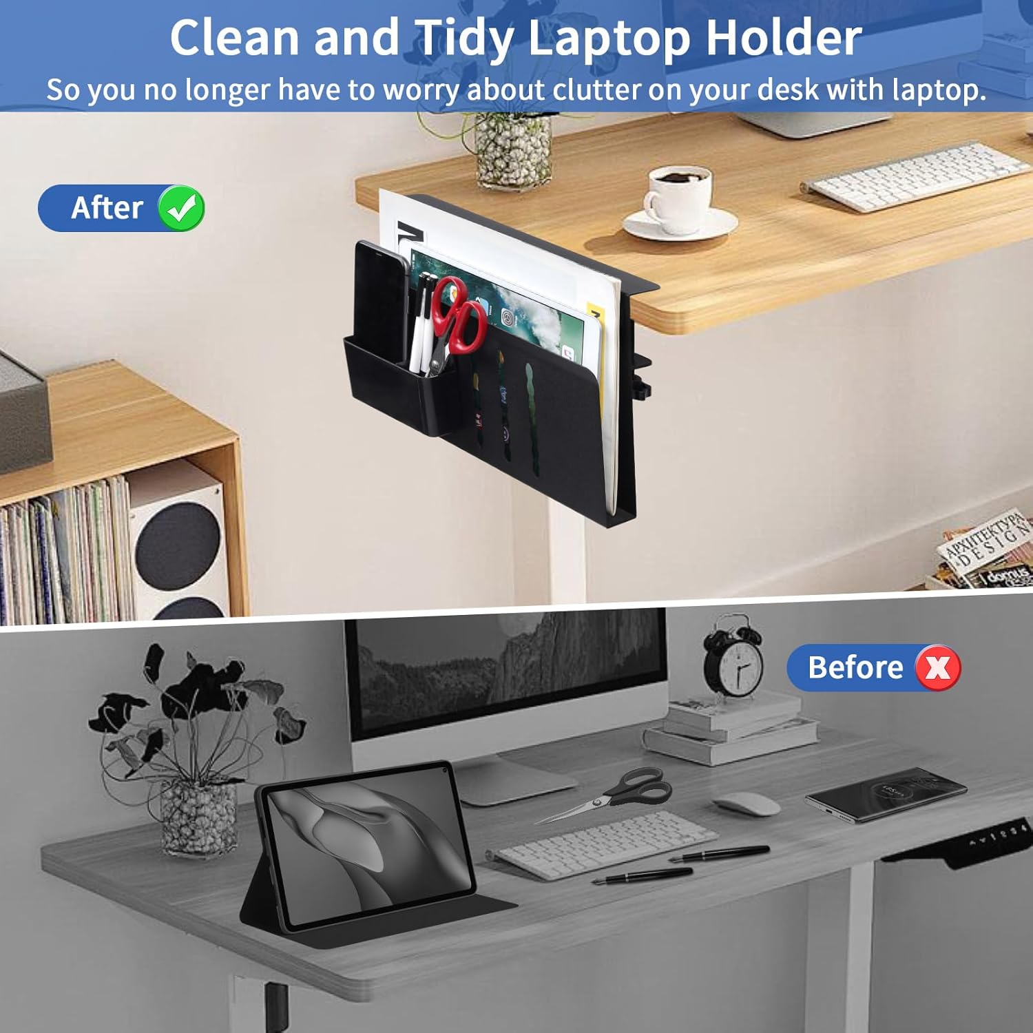 Under Desk Side Laptop Holder Storage with No Drill Cable Management Tray and Pen Storage for Office and Home V178-36107