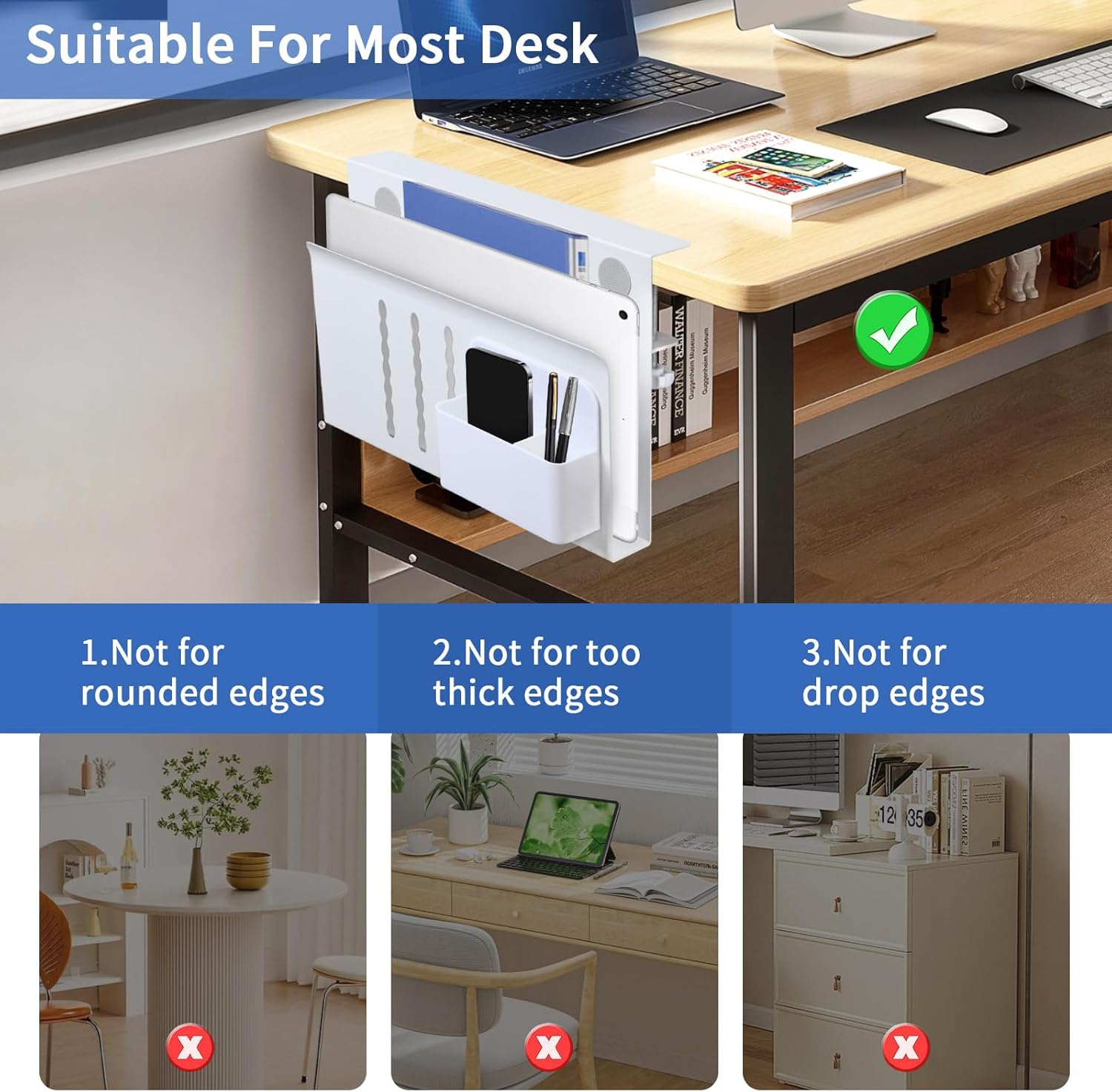 Under Desk Side Laptop Holder Storage with No Drill Cable Management Tray and Pen Storage for Office and Home V178-36108