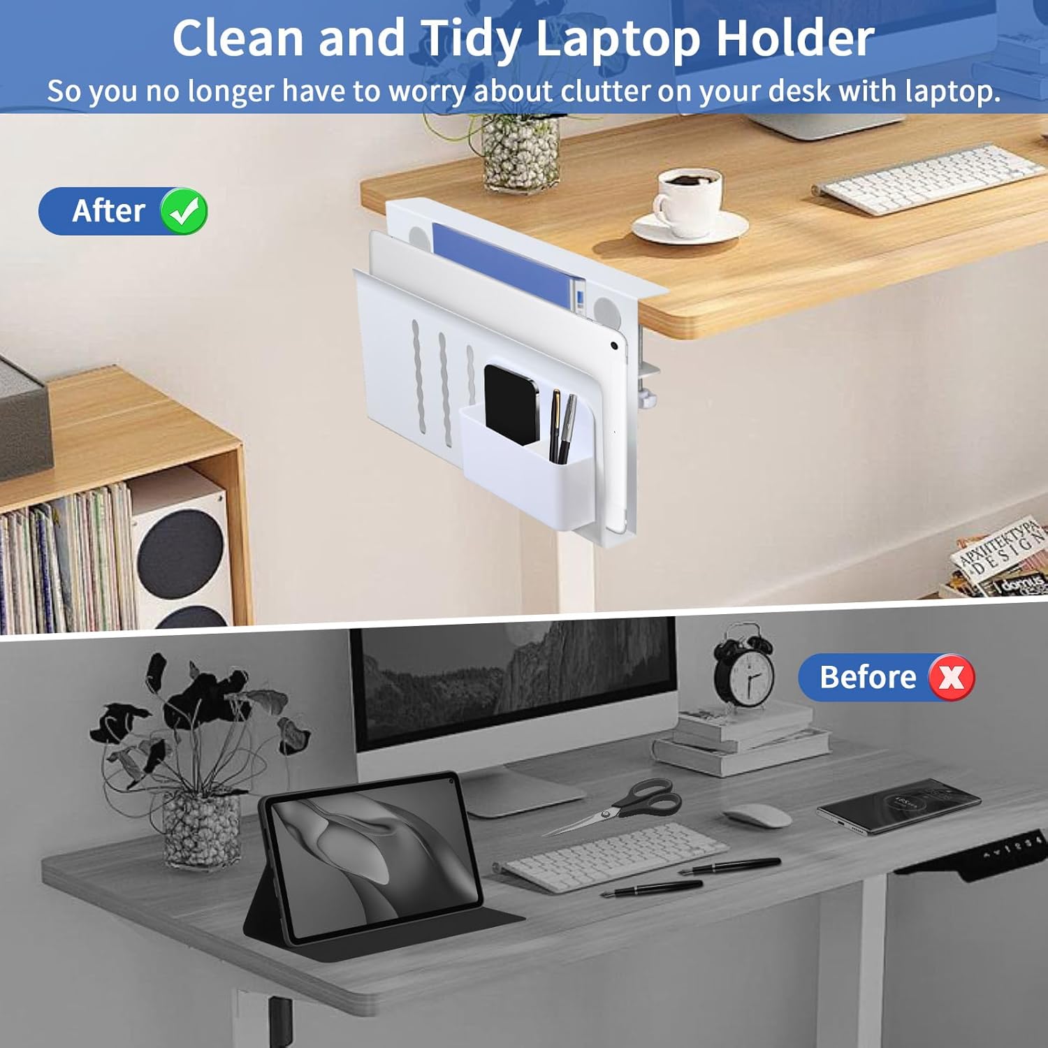 Under Desk Side Laptop Holder Storage with No Drill Cable Management Tray and Pen Storage for Office and Home V178-36108
