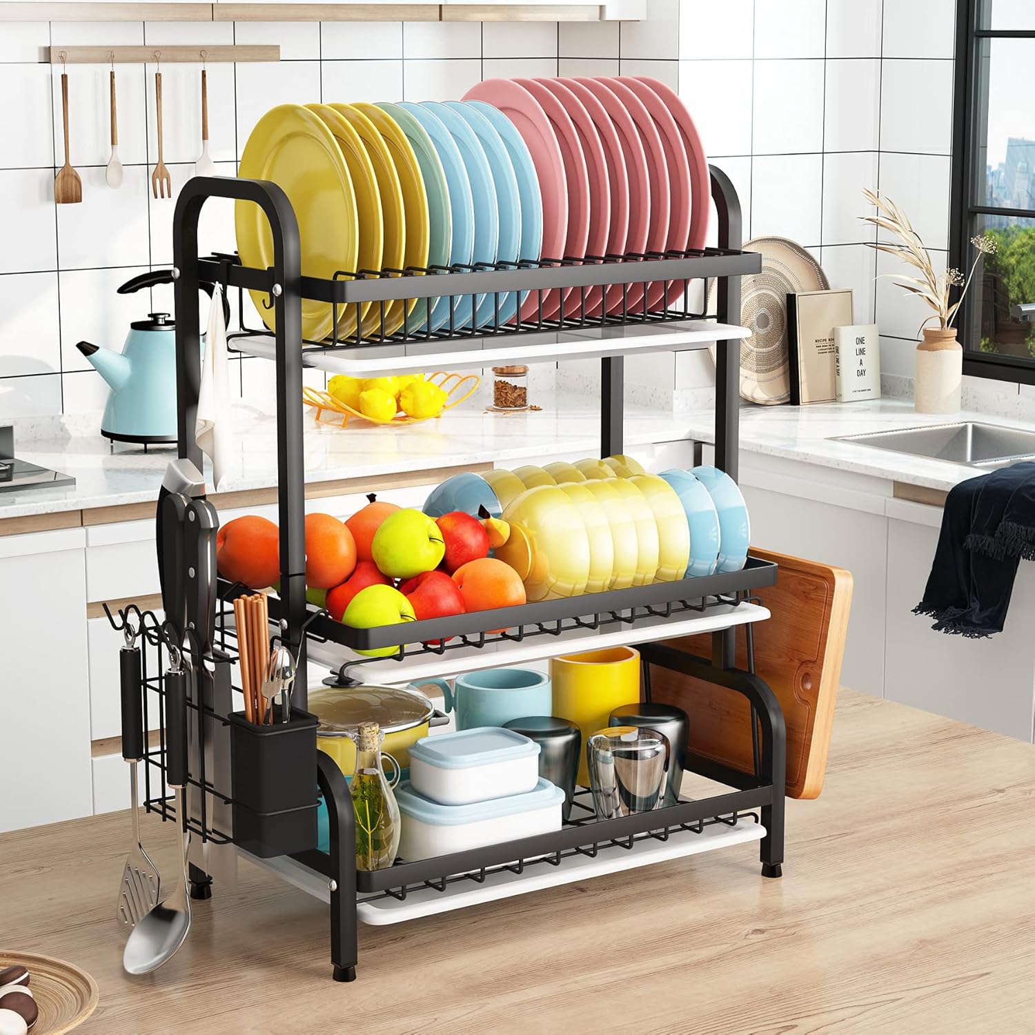 Dish Drying Rack 3 Tier Large Capacity Kitchen Storage with Utensil and Cutting Board Holder V178-36116