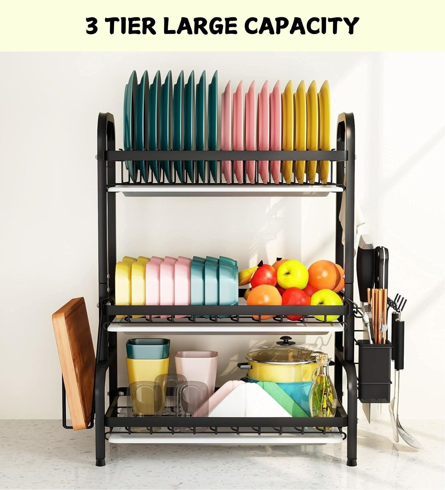 Dish Drying Rack 3 Tier Large Capacity Kitchen Storage with Utensil and Cutting Board Holder V178-36116