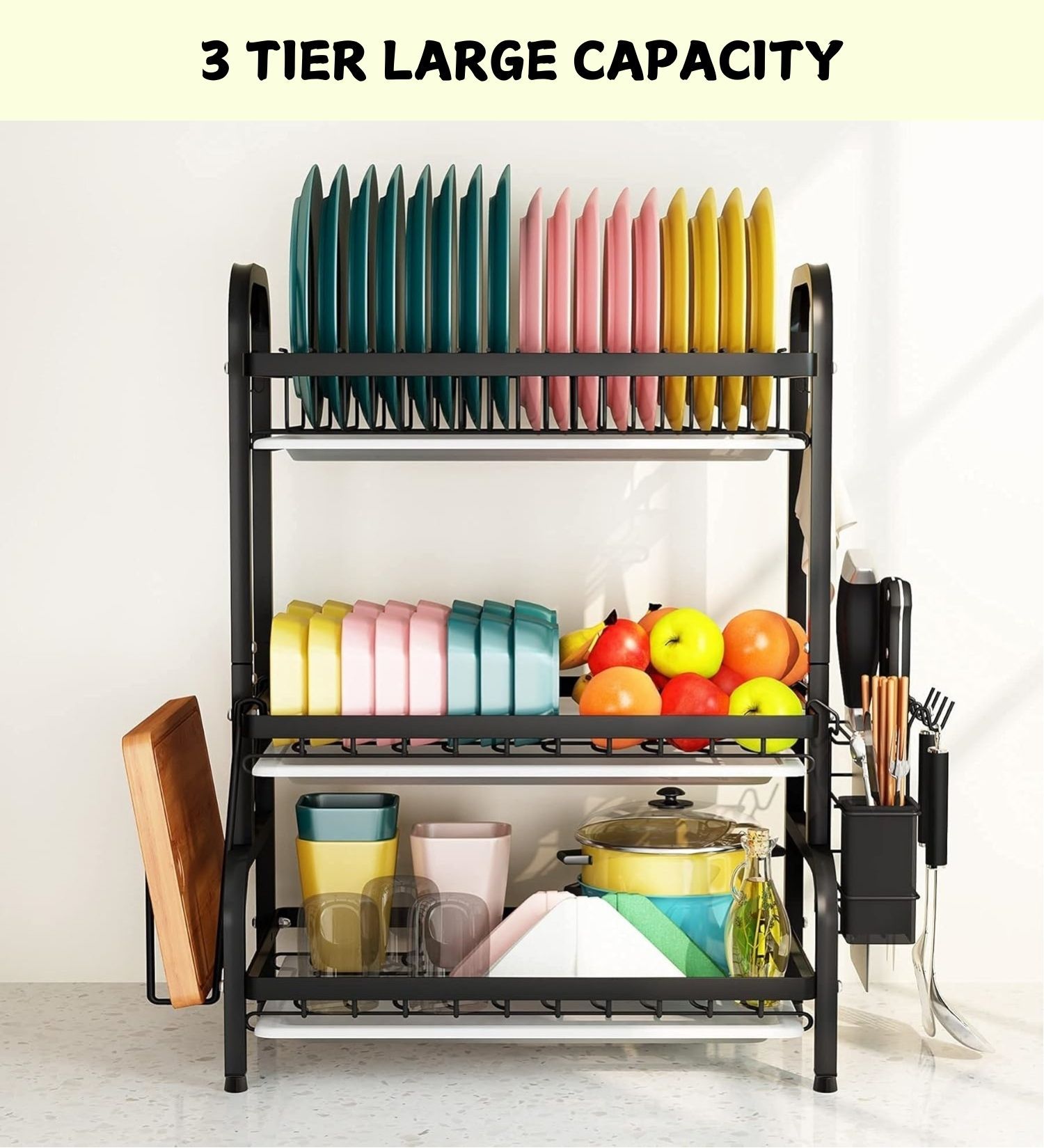 Dish Drying Rack 3 Tier Large Capacity Kitchen Storage with Utensil and Cutting Board Holder V178-36116