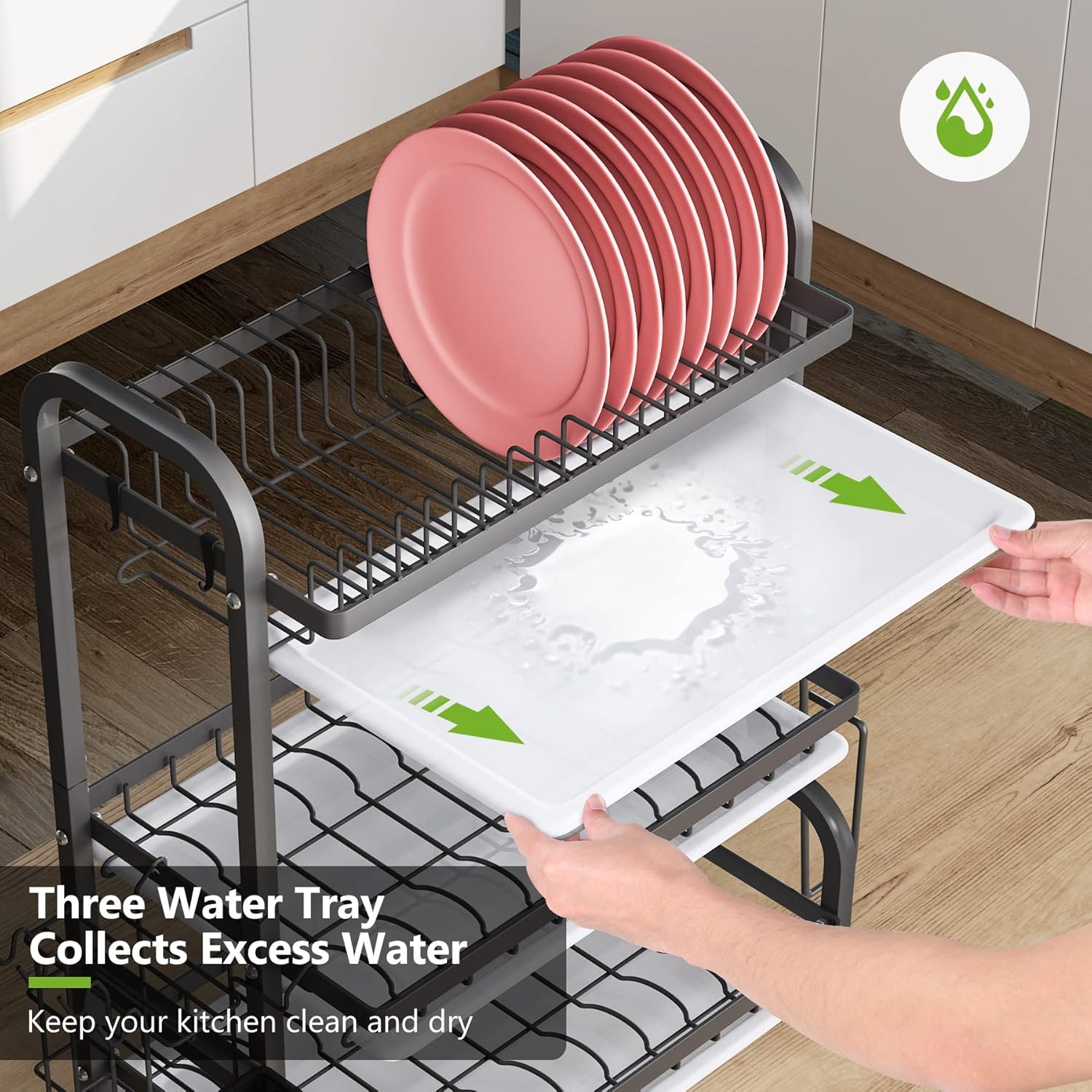 Dish Drying Rack 3 Tier Large Capacity Kitchen Storage with Utensil and Cutting Board Holder V178-36116