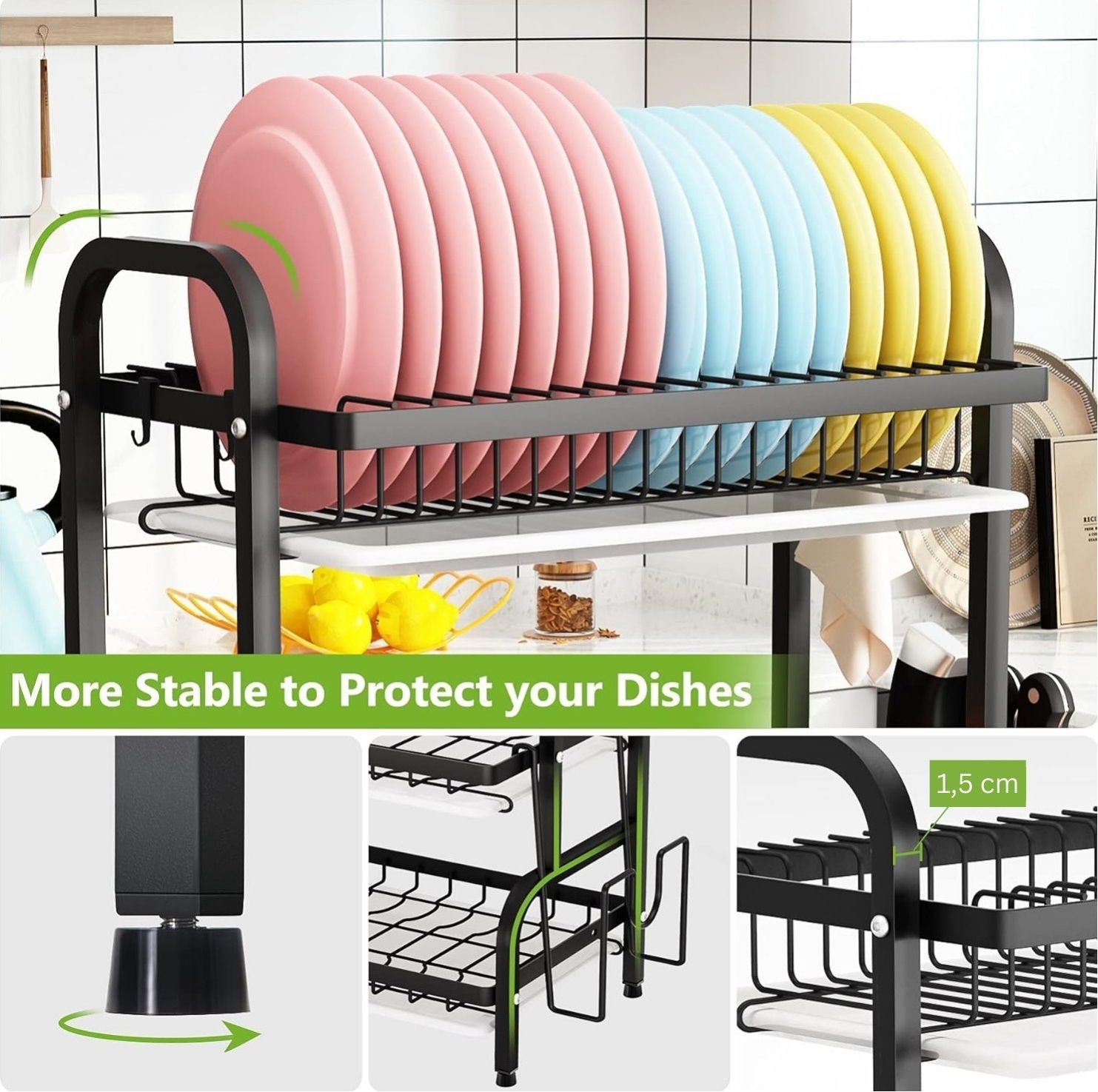 Dish Drying Rack 3 Tier Large Capacity Kitchen Storage with Utensil and Cutting Board Holder V178-36116