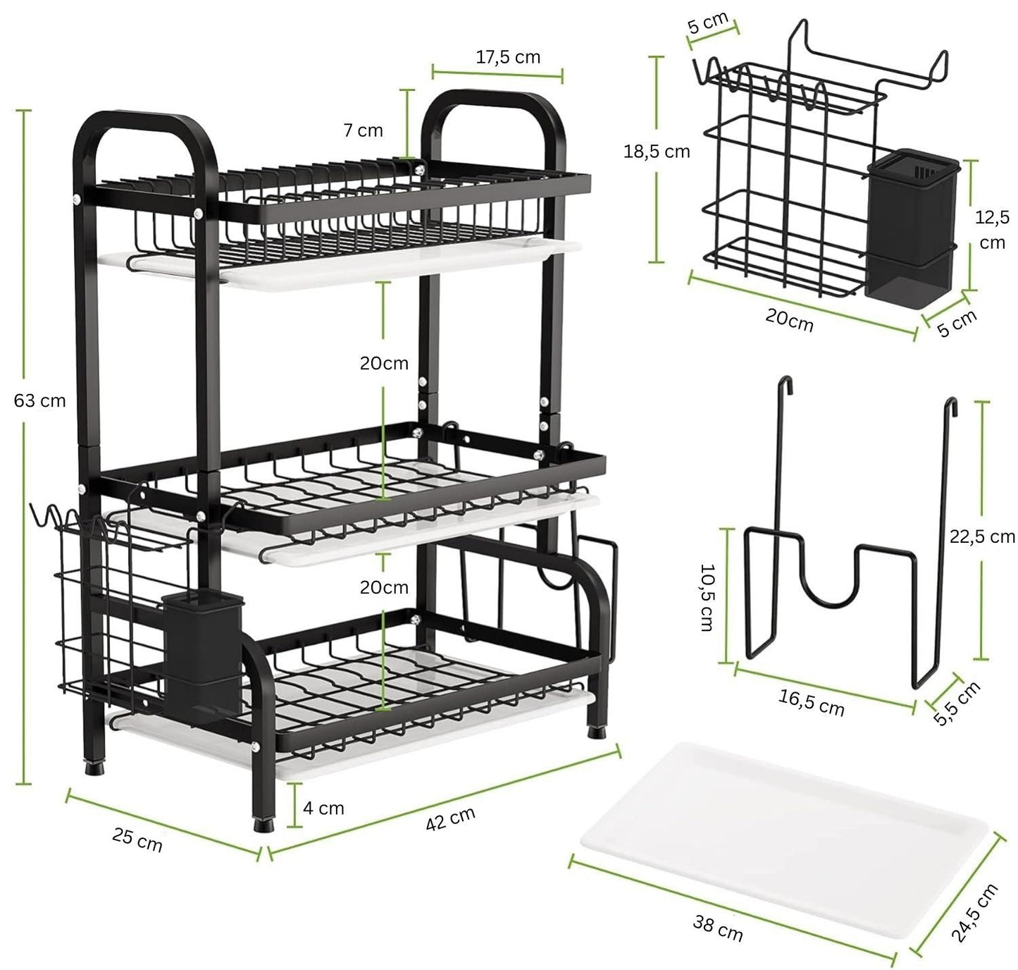 Dish Drying Rack 3 Tier Large Capacity Kitchen Storage with Utensil and Cutting Board Holder V178-36116