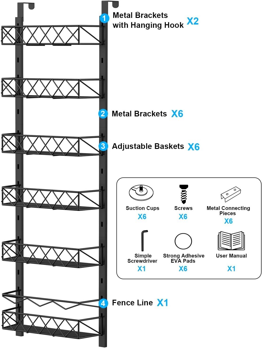 6 Tier Adjustable Baskets Over Door Pantry Organiser for Home Kitchen V178-36118