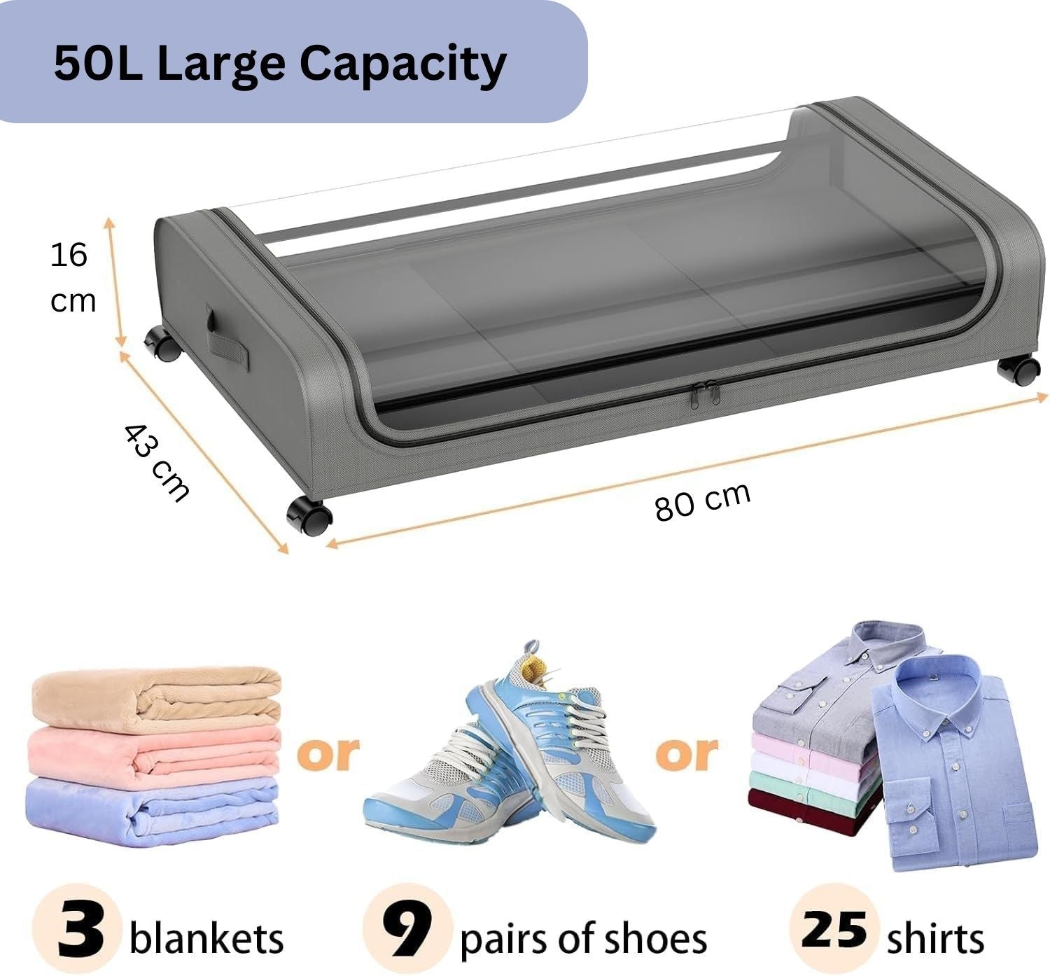 CARLA HOME XXL Under Bed Rolling Storage Containers with 50L Large Capacity and Wheels V178-36123