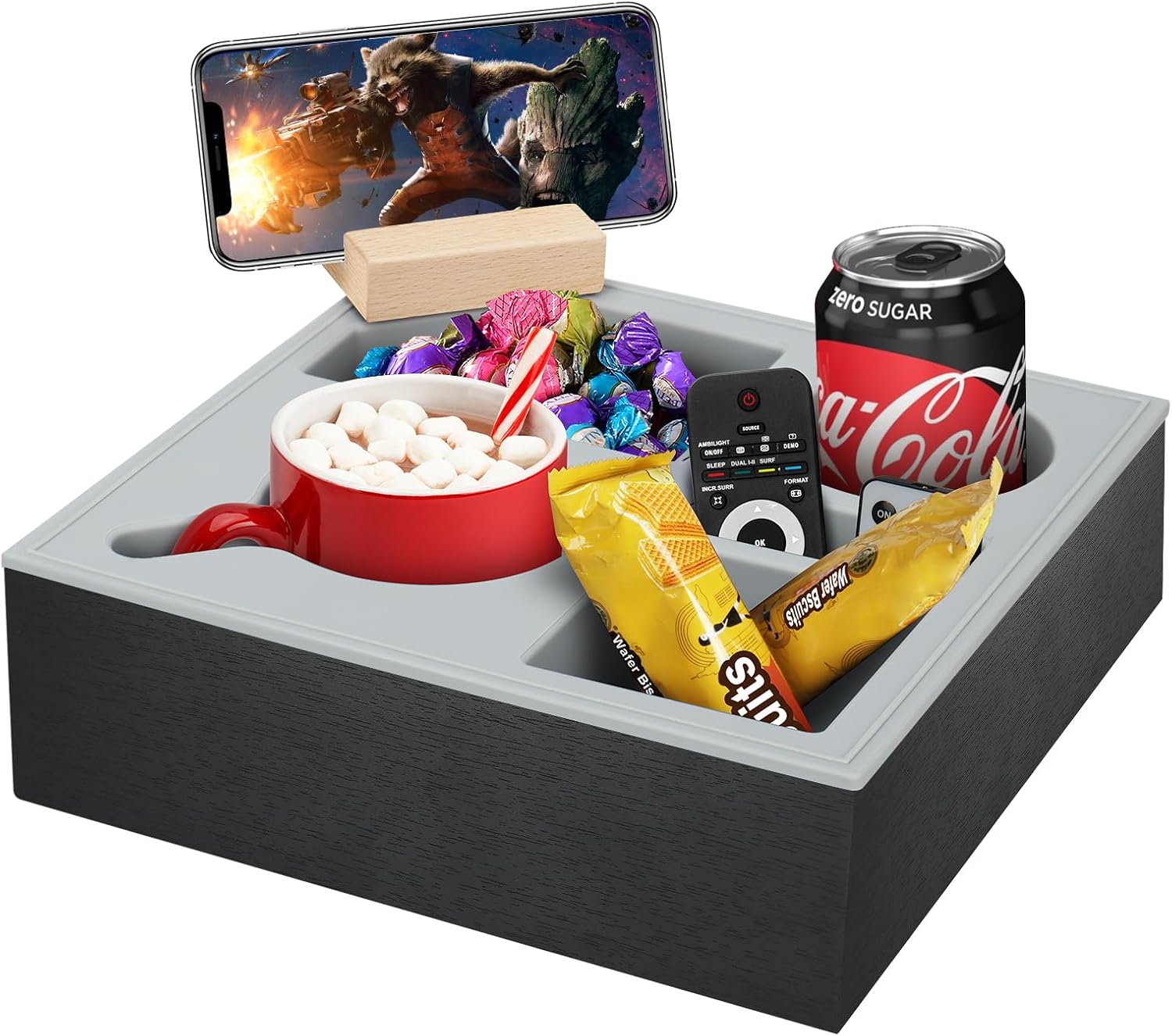 Wooden Couch Cup Holder Tray with Soft Silicone & Rotatable Phone Holder for Storaging Drinks & Snacks V178-36125