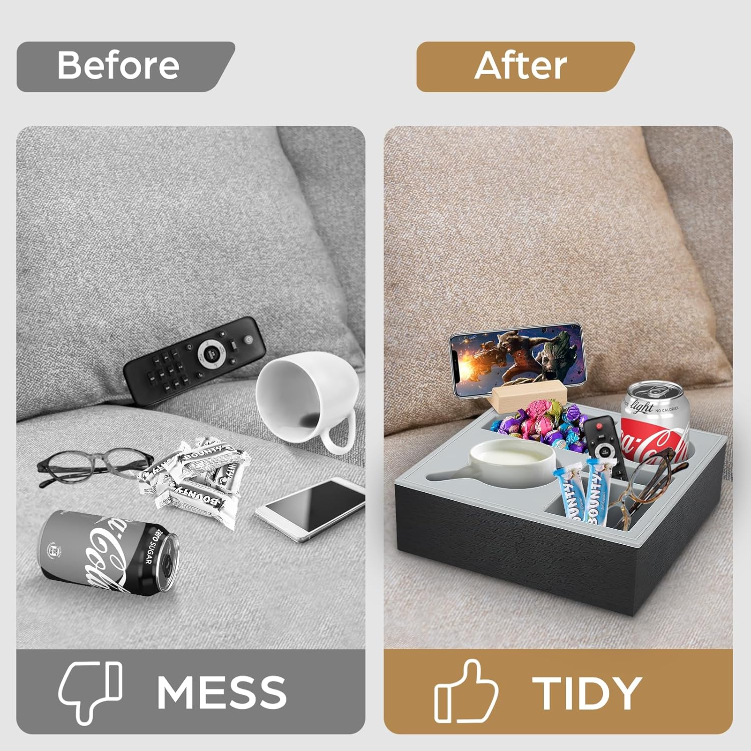 Wooden Couch Cup Holder Tray with Soft Silicone & Rotatable Phone Holder for Storaging Drinks & Snacks V178-36125