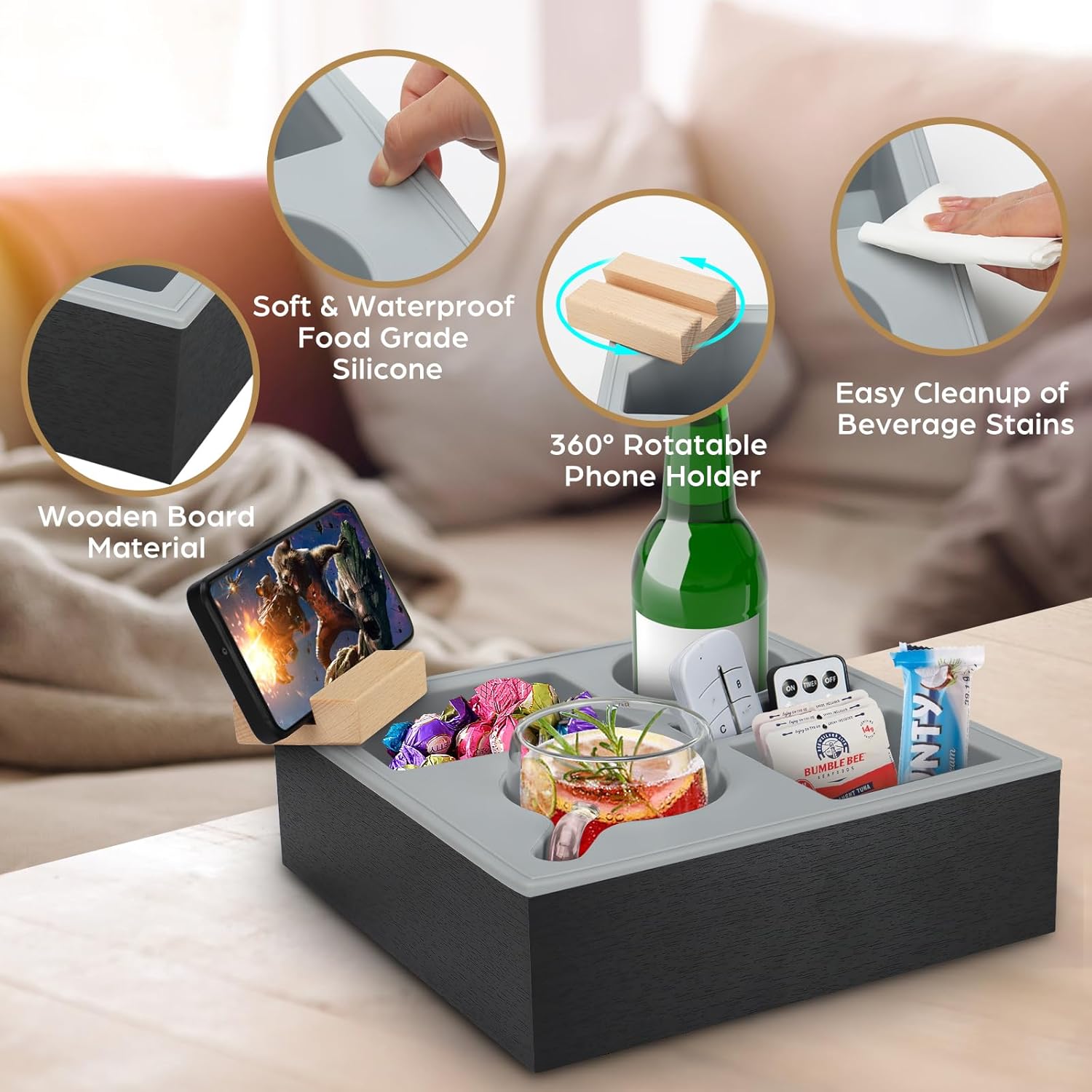 Wooden Couch Cup Holder Tray with Soft Silicone & Rotatable Phone Holder for Storaging Drinks & Snacks V178-36125