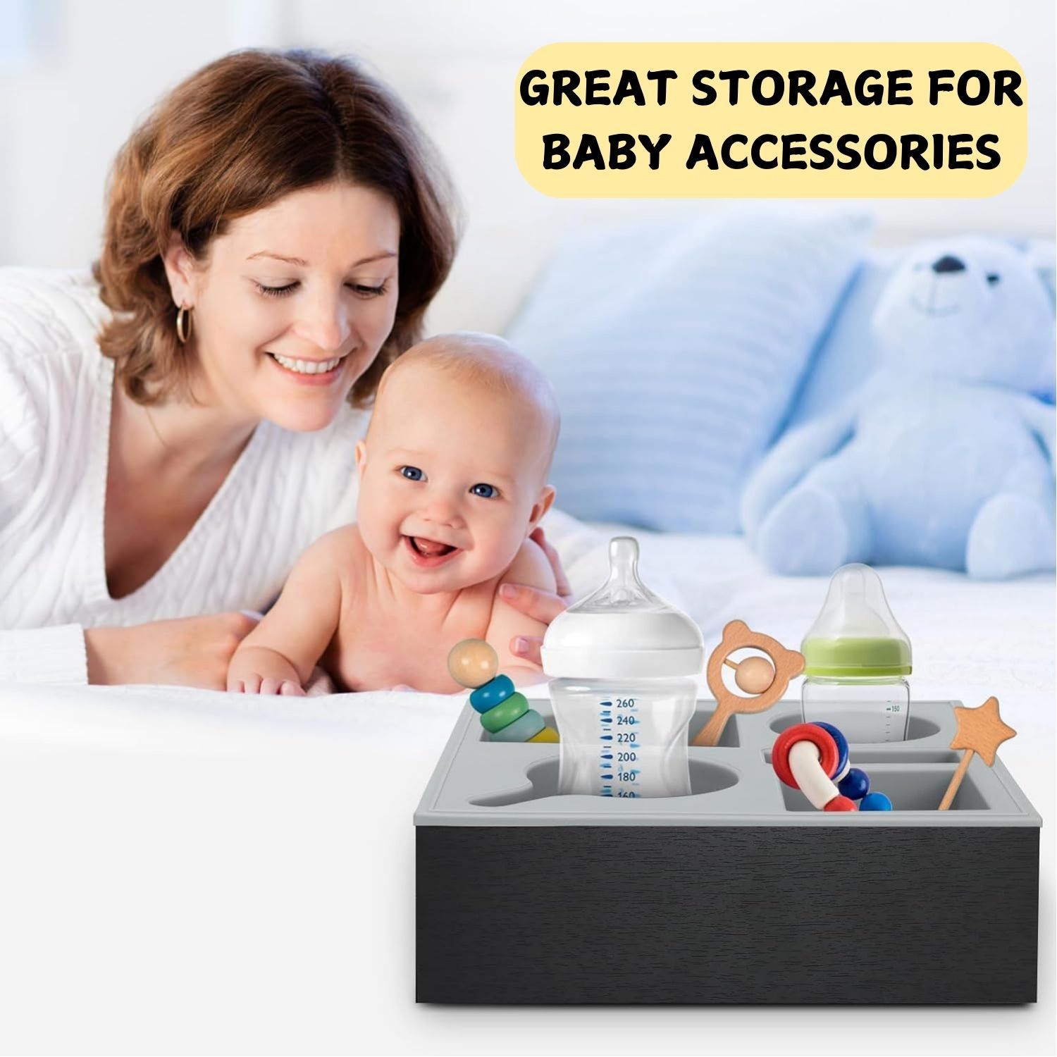 Wooden Couch Cup Holder Tray with Soft Silicone & Rotatable Phone Holder for Storaging Drinks & Snacks V178-36125
