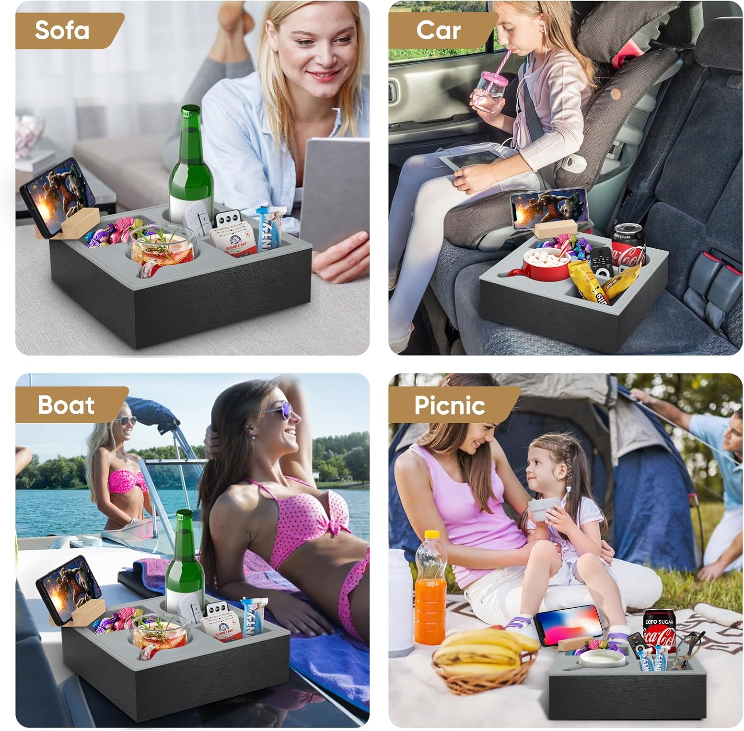 Wooden Couch Cup Holder Tray with Soft Silicone & Rotatable Phone Holder for Storaging Drinks & Snacks V178-36125
