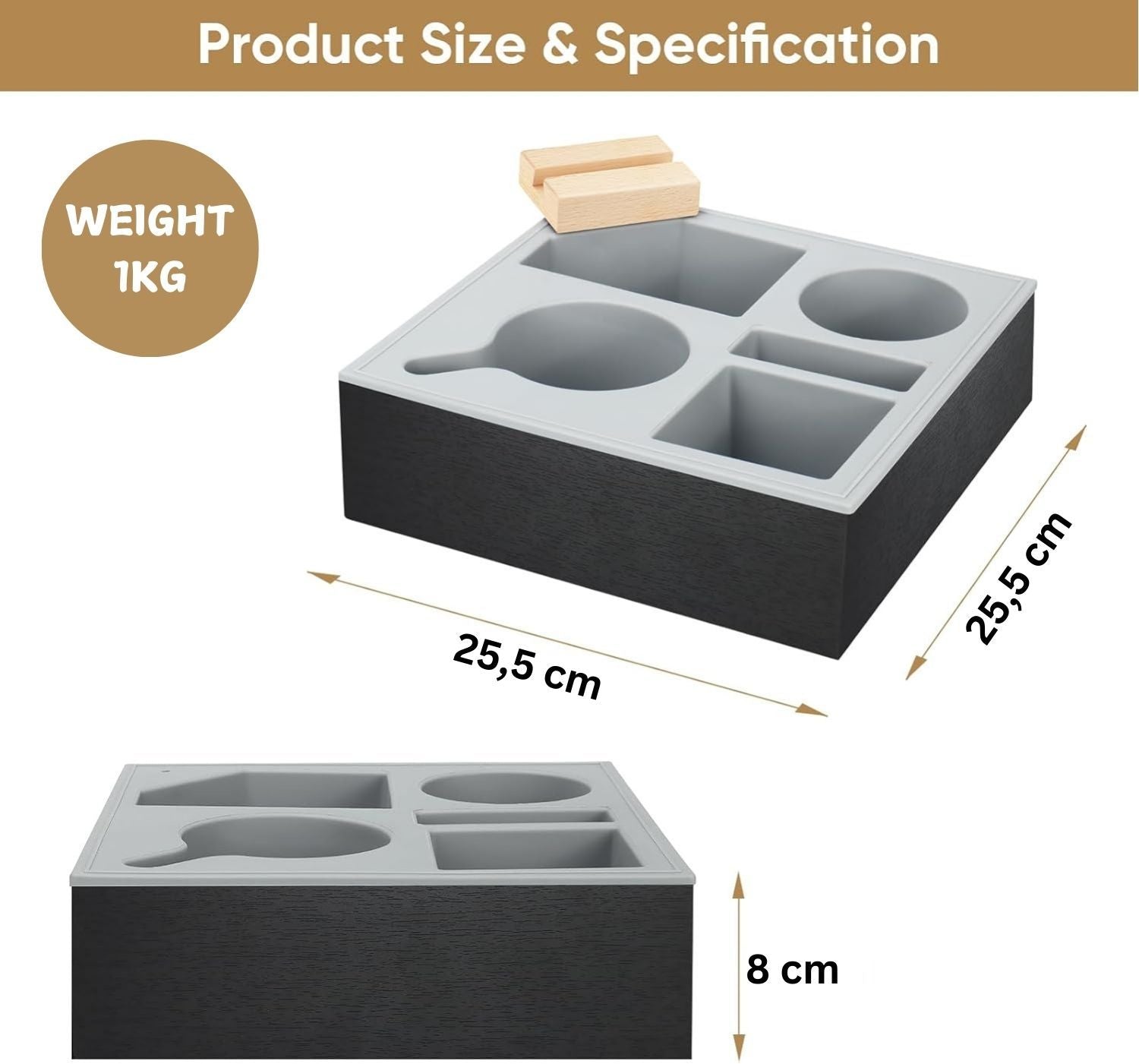 Wooden Couch Cup Holder Tray with Soft Silicone & Rotatable Phone Holder for Storaging Drinks & Snacks V178-36125