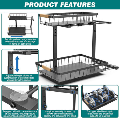 Set 2 pcs - 2-Tier Kitchen Under Sink Organiser Storage with Height Adjustable, Unique Slide Rail & Suction V178-36127
