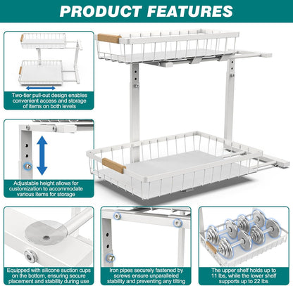 Set 2 pcs - 2-Tier Kitchen Under Sink Organiser Storage with Height Adjustable, Unique Slide Rail & Suction V178-36128