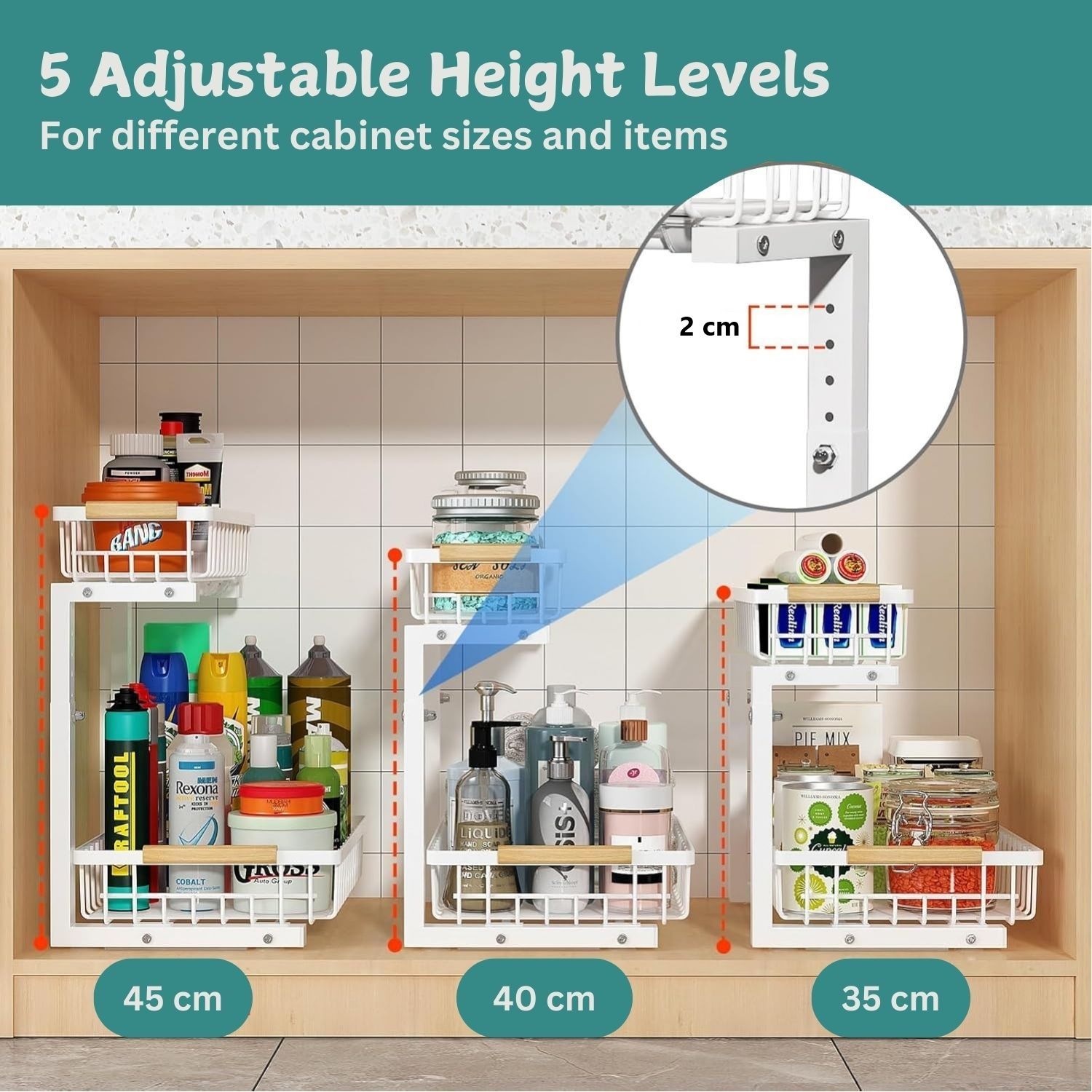 Set 2 pcs - 2-Tier Kitchen Under Sink Organiser Storage with Height Adjustable, Unique Slide Rail & Suction V178-36128