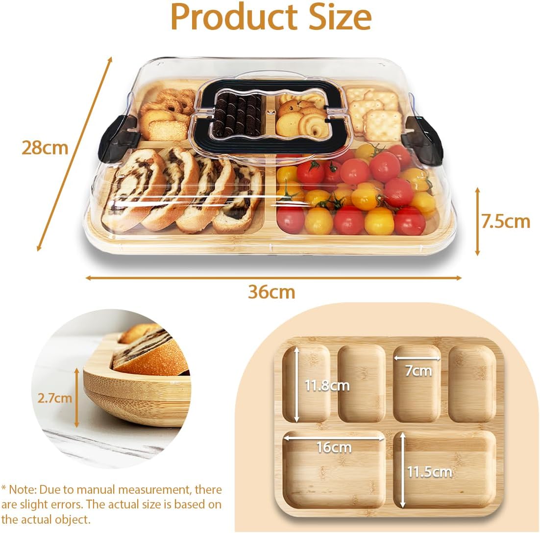 CARLA HOME Bamboo Charcuterie Board with Lid & Handle ideal Gift for Kitchen, Party & Picnic (6 Compartments) V178-36136