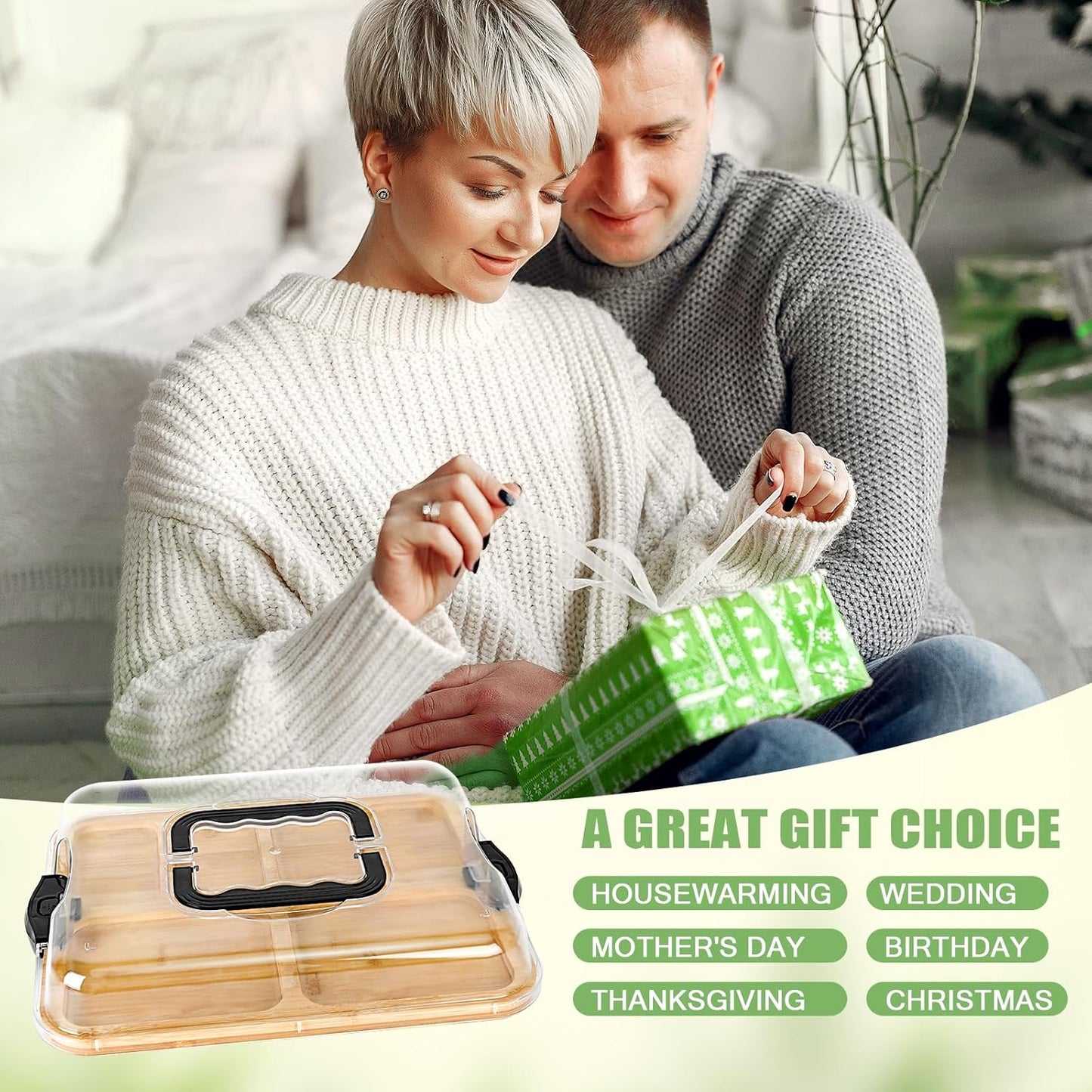 CARLA HOME Bamboo Charcuterie Board with Lid & Handle ideal Gift for Kitchen, Party & Picnic (6 Compartments) V178-36136