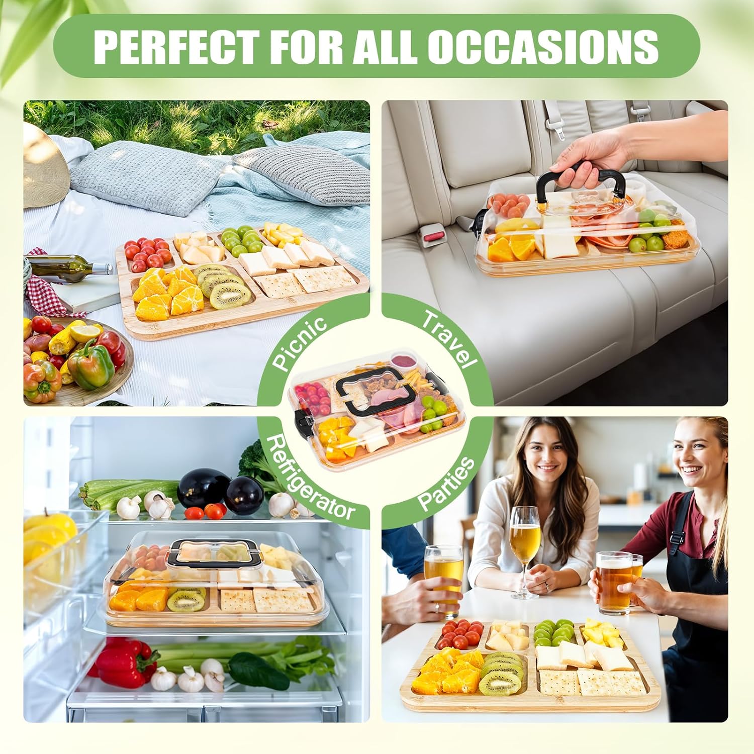 CARLA HOME Bamboo Charcuterie Board with Lid & Handle ideal Gift for Kitchen, Party & Picnic (6 Compartments) V178-36136