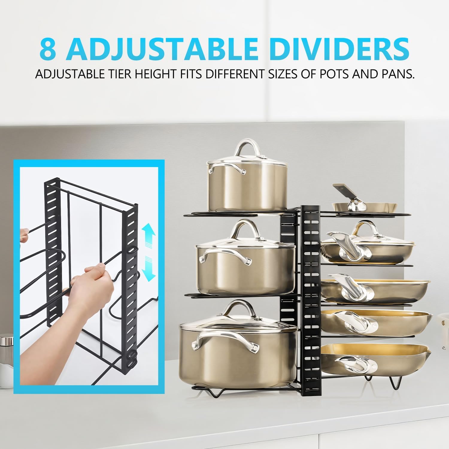 CARLA HOME Adjustable 8-Tier Pan Rack Pot Organizer for Kitchen Cabinet V178-36137