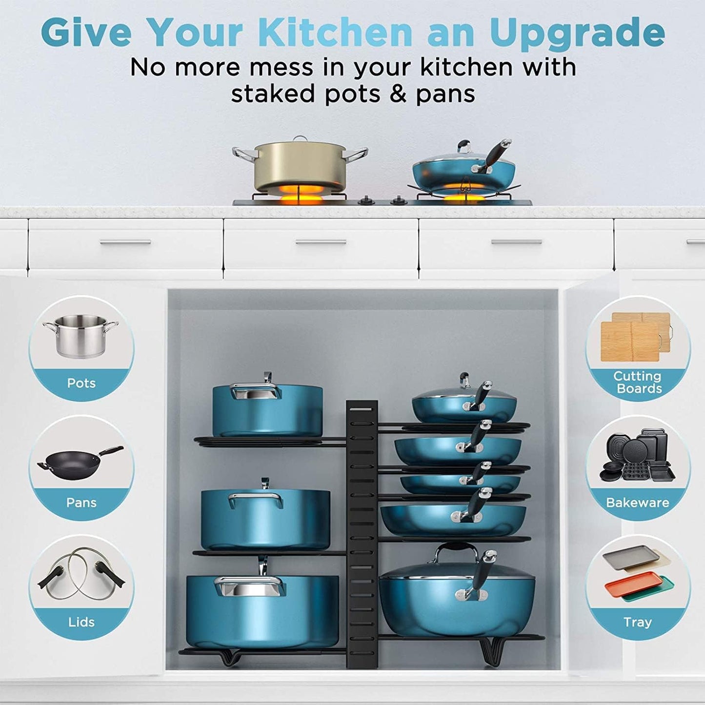 CARLA HOME Adjustable 8-Tier Pan Rack Pot Organizer for Kitchen Cabinet V178-36137