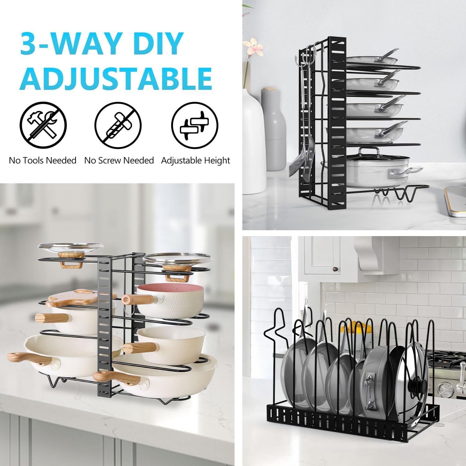 CARLA HOME Adjustable 8-Tier Pan Rack Pot Organizer for Kitchen Cabinet V178-36137