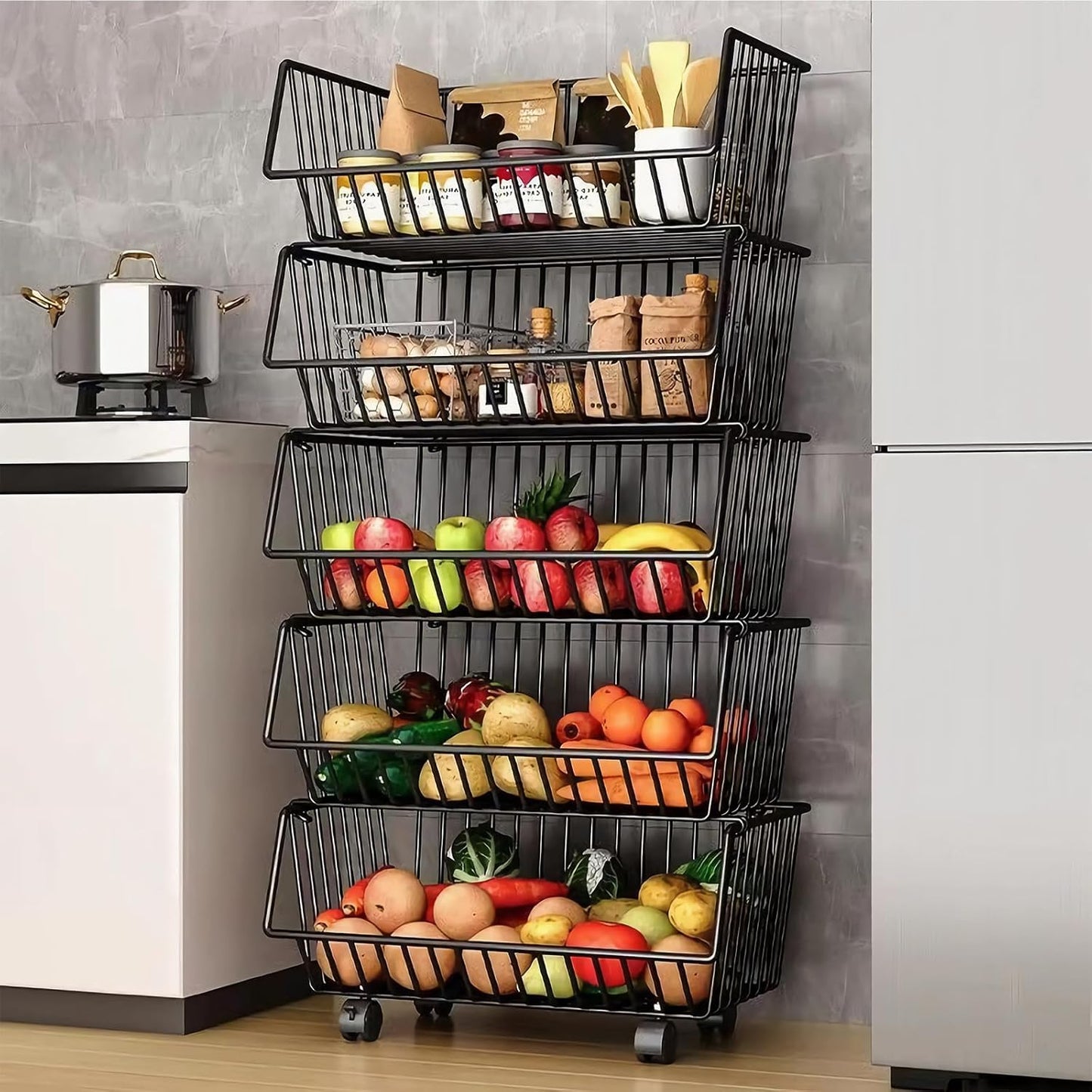 CARLA HOME Metal 5-Tier Rolling Vegetable and Fruit Basket Cart Stand for Kitchen V178-36139