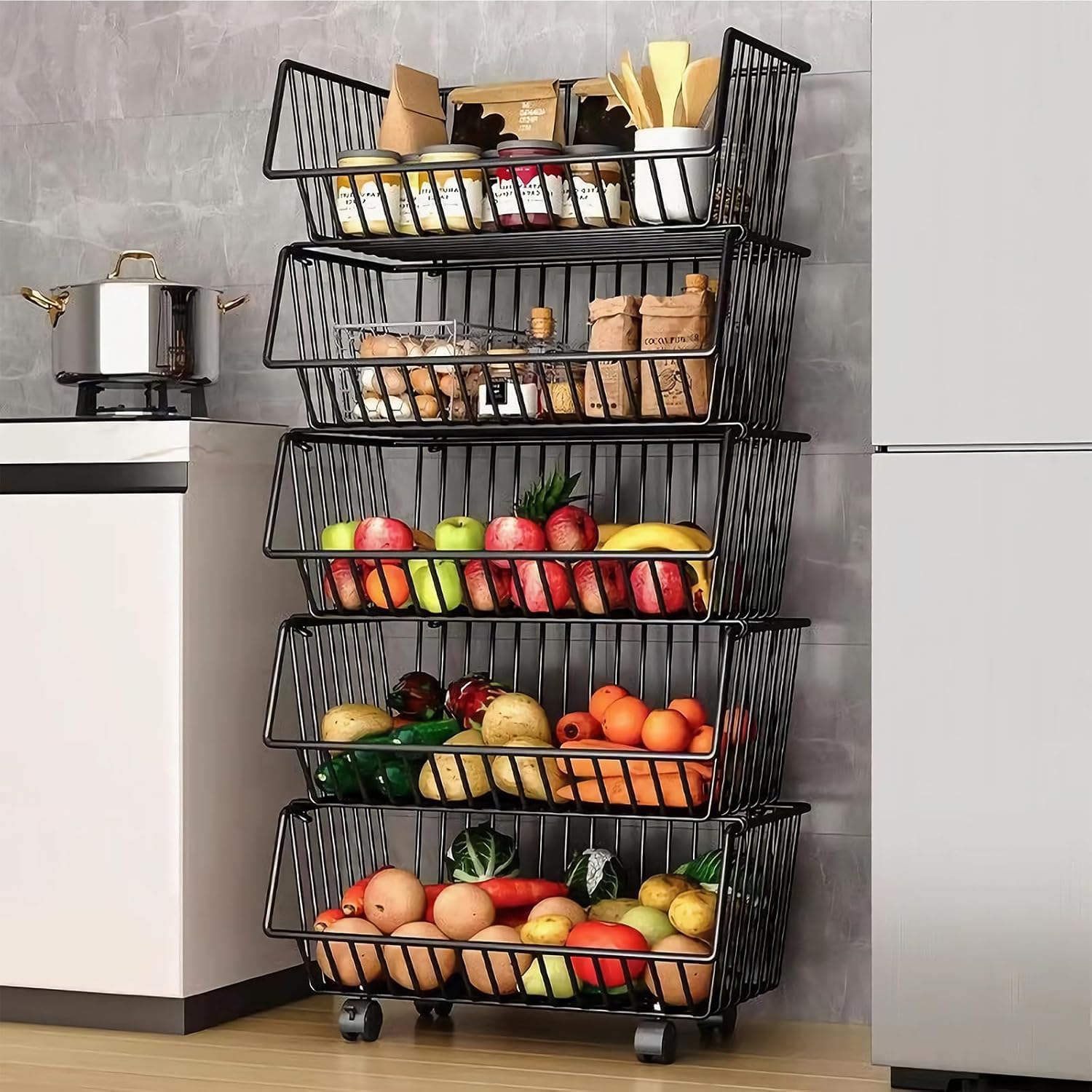 CARLA HOME Metal 5-Tier Rolling Vegetable and Fruit Basket Cart Stand for Kitchen V178-36139