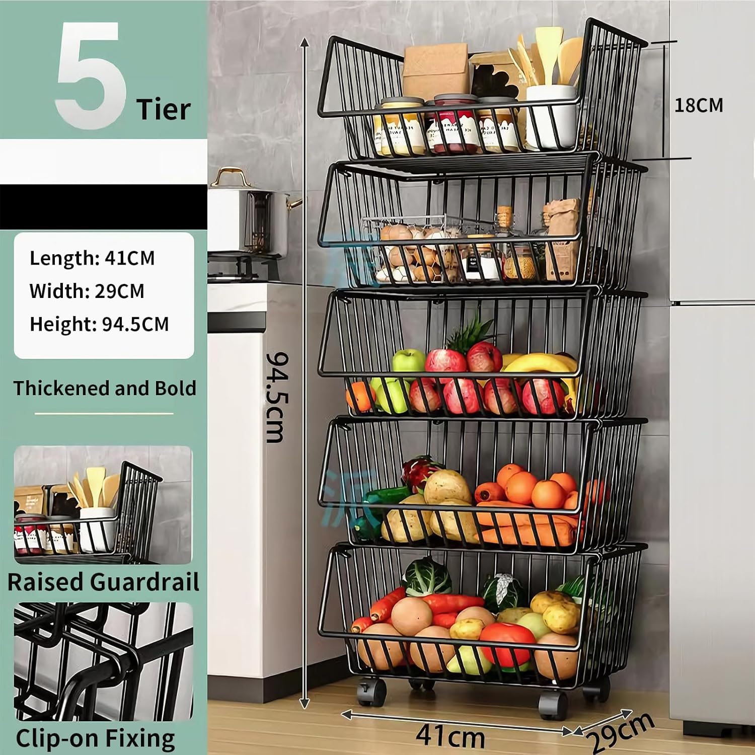 CARLA HOME Metal 5-Tier Rolling Vegetable and Fruit Basket Cart Stand for Kitchen V178-36139