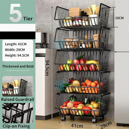 CARLA HOME Metal 5-Tier Rolling Vegetable and Fruit Basket Cart Stand for Kitchen V178-36139