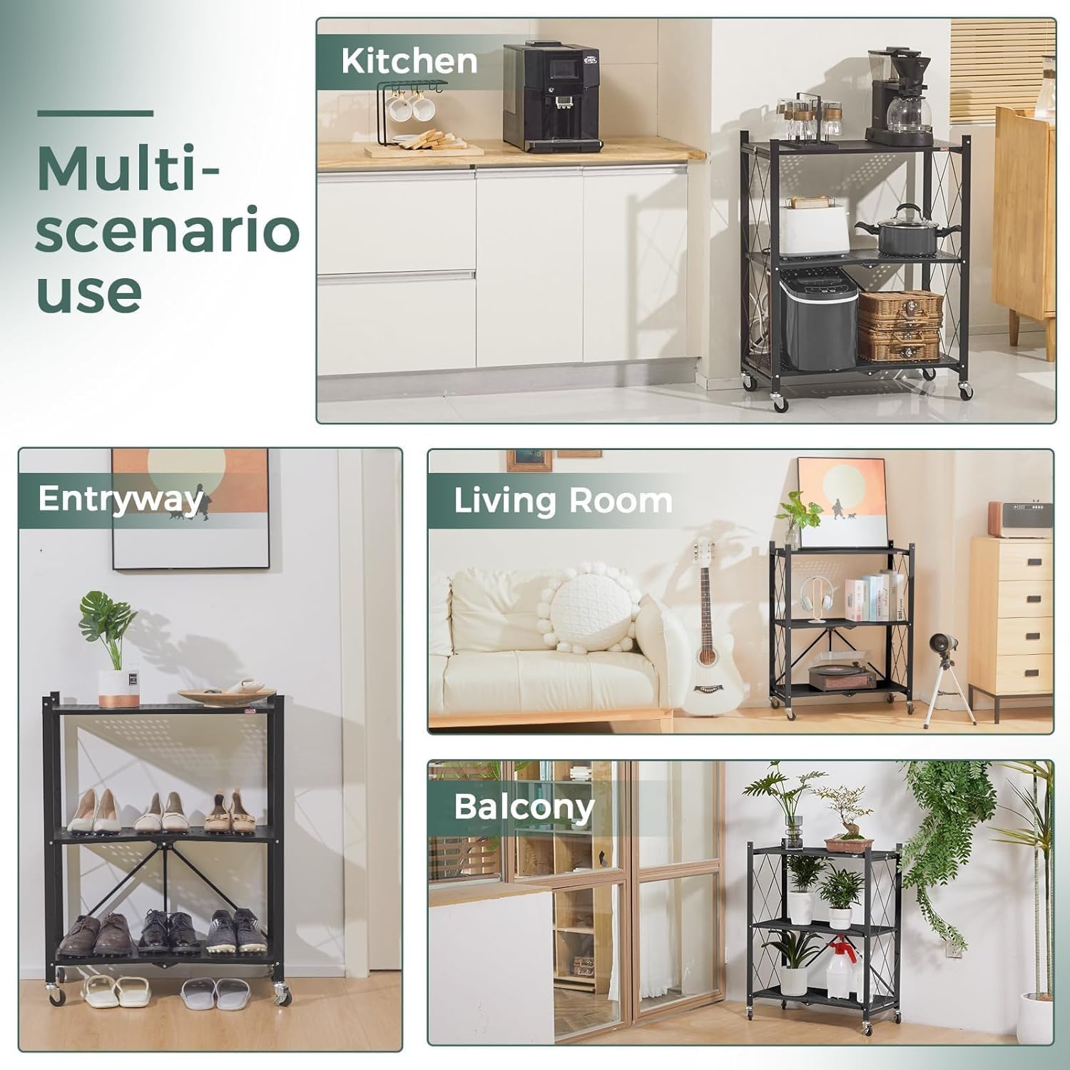 CARLA HOME 3-Tier Foldable Storage Shelf with Wheels for Kitchen, Garage, Pantry or Basement (Black) V178-36140