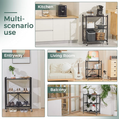 CARLA HOME 3-Tier Foldable Storage Shelf with Wheels for Kitchen, Garage, Pantry or Basement (Black) V178-36140