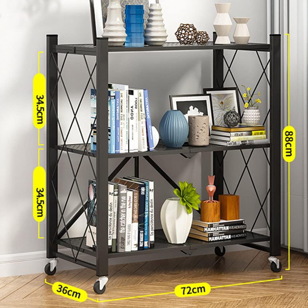 CARLA HOME 3-Tier Foldable Storage Shelf with Wheels for Kitchen, Garage, Pantry or Basement (Black) V178-36140