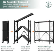 CARLA HOME 3-Tier Foldable Storage Shelf with Wheels for Kitchen, Garage, Pantry or Basement (Black) V178-36140