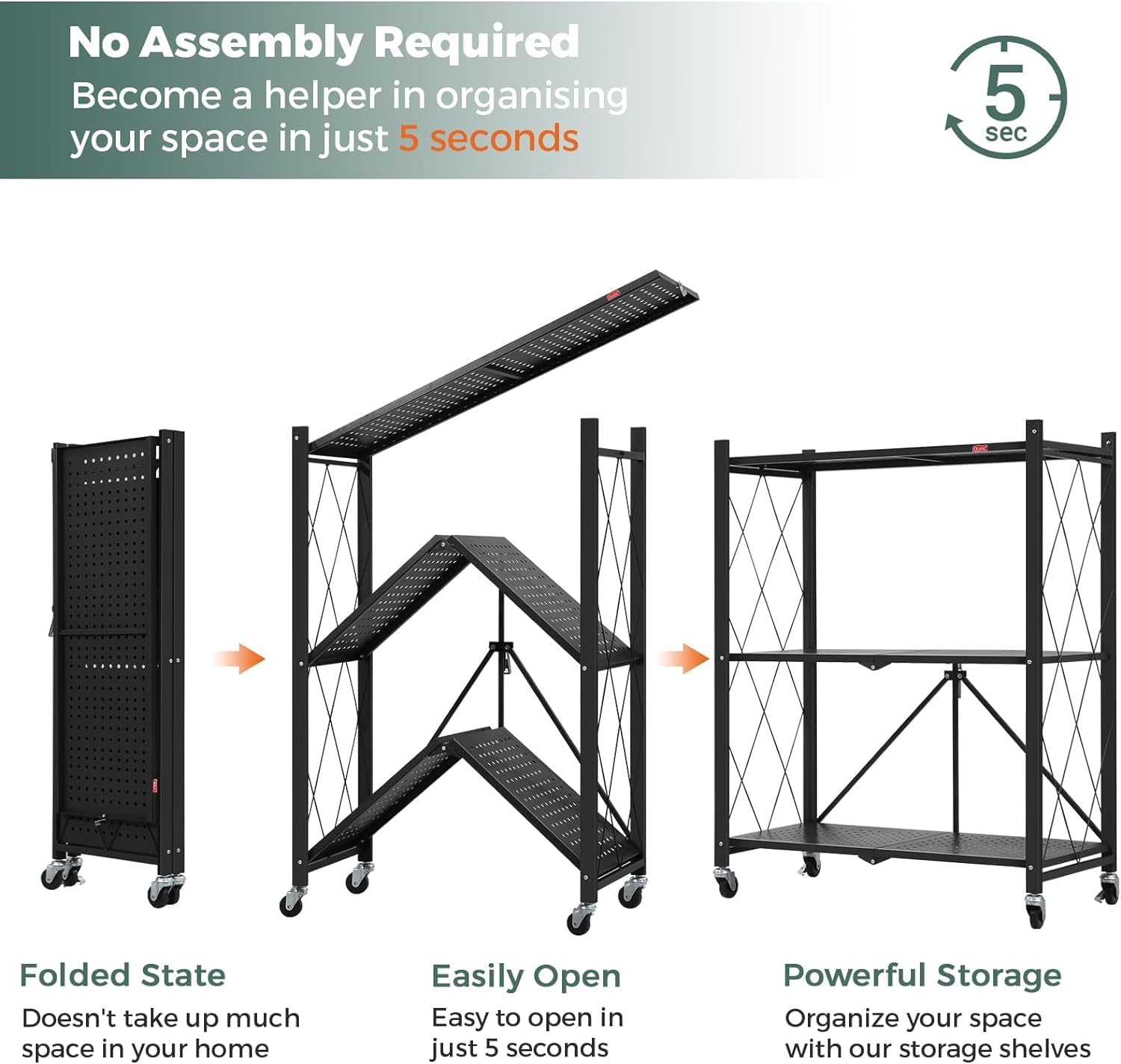 CARLA HOME 3-Tier Foldable Storage Shelf with Wheels for Kitchen, Garage, Pantry or Basement (Black) V178-36140