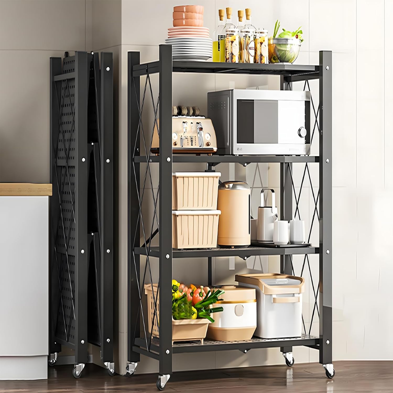 CARLA HOME 4-Tier Foldable Storage Shelf with Wheels for Kitchen, Garage, Pantry or Basement (Black) V178-36141
