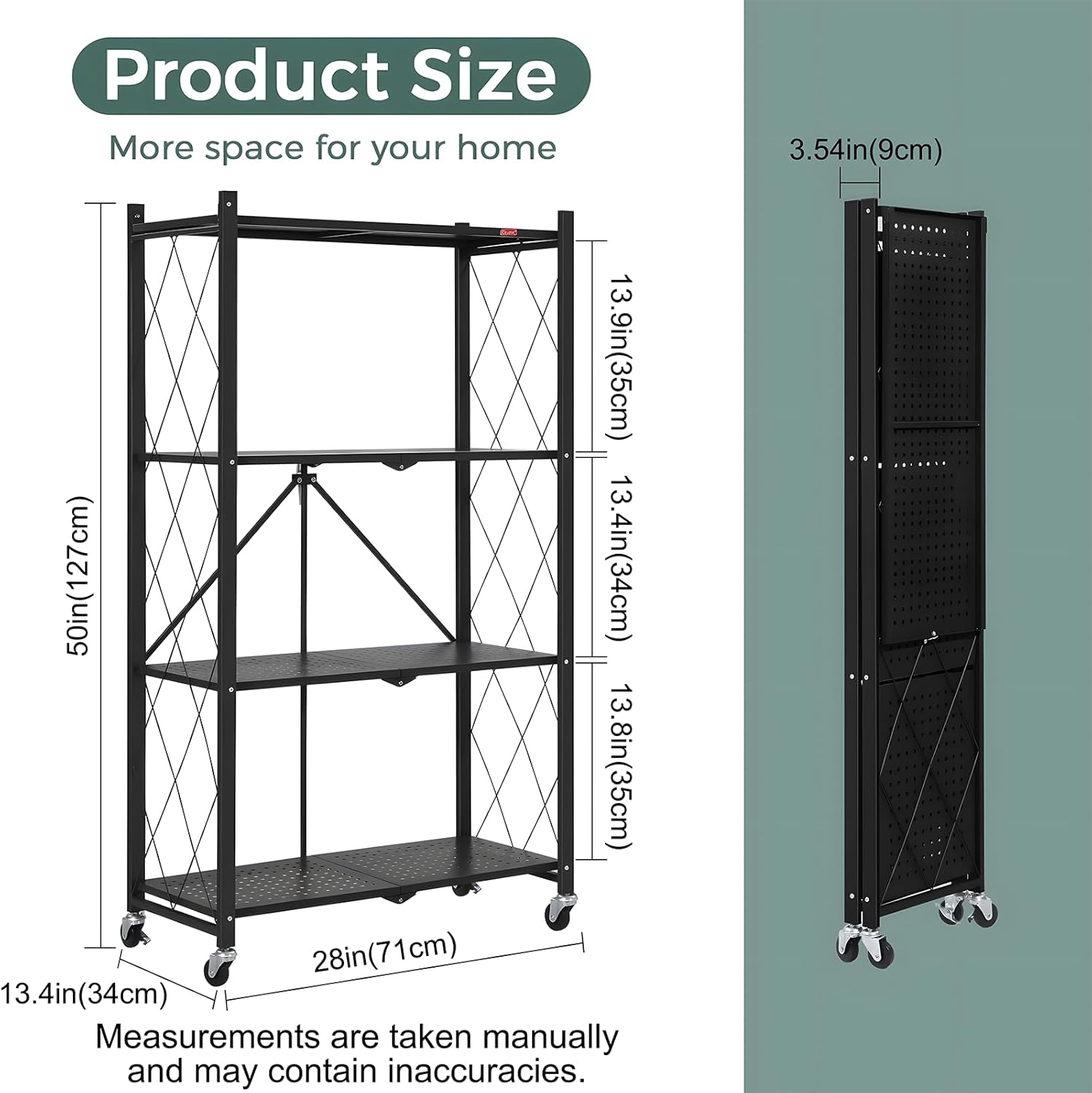 CARLA HOME 4-Tier Foldable Storage Shelf with Wheels for Kitchen, Garage, Pantry or Basement (Black) V178-36141