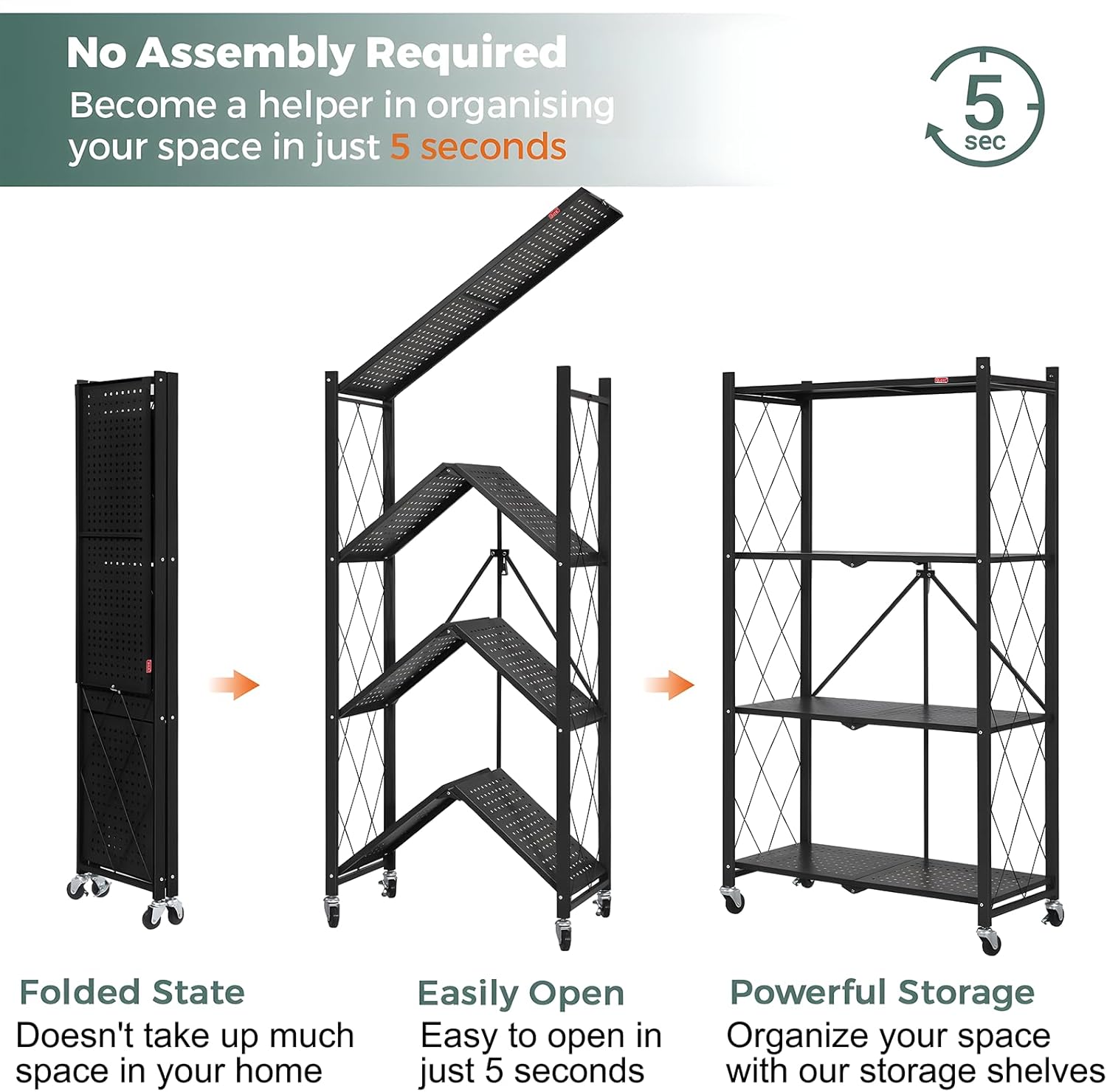 CARLA HOME 4-Tier Foldable Storage Shelf with Wheels for Kitchen, Garage, Pantry or Basement (Black) V178-36141