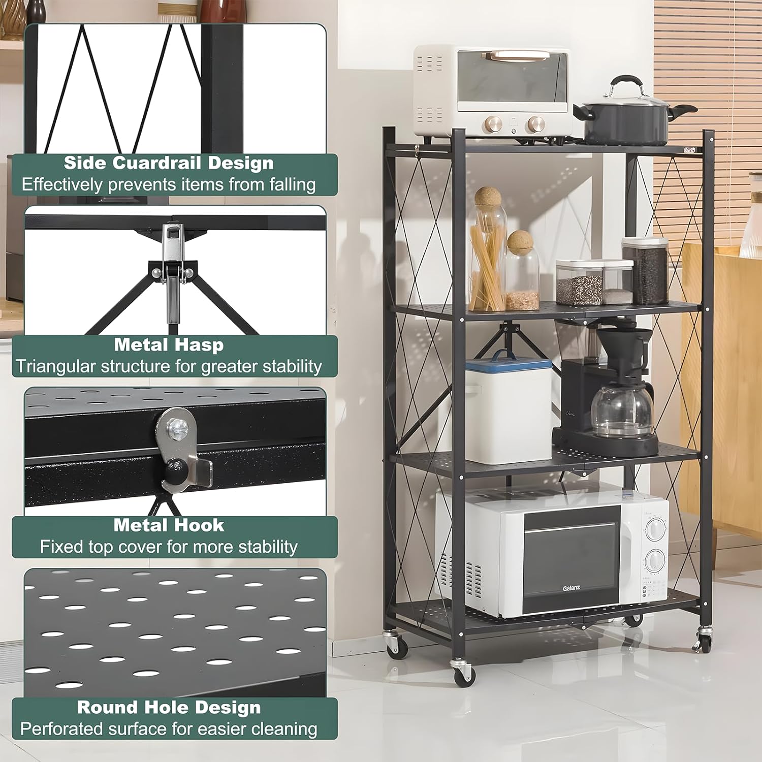 CARLA HOME 4-Tier Foldable Storage Shelf with Wheels for Kitchen, Garage, Pantry or Basement (Black) V178-36141