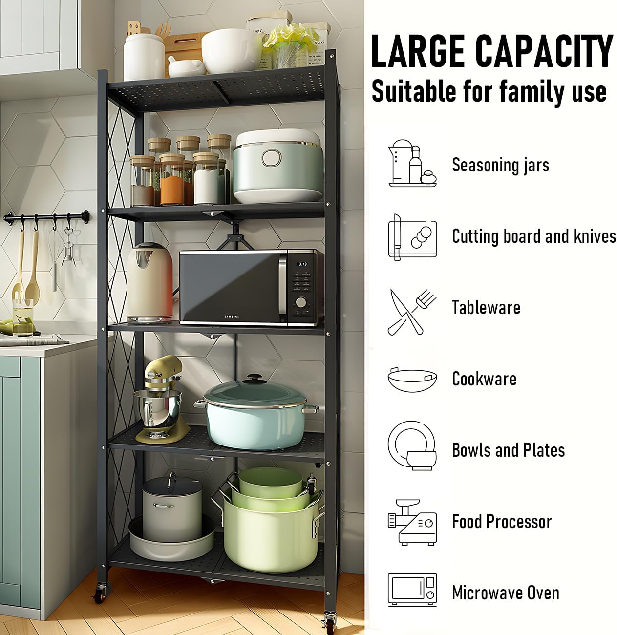 CARLA HOME 5-Tier Foldable Storage Shelf with Wheels for Kitchen, Garage, Pantry or Basement (Black) V178-36142