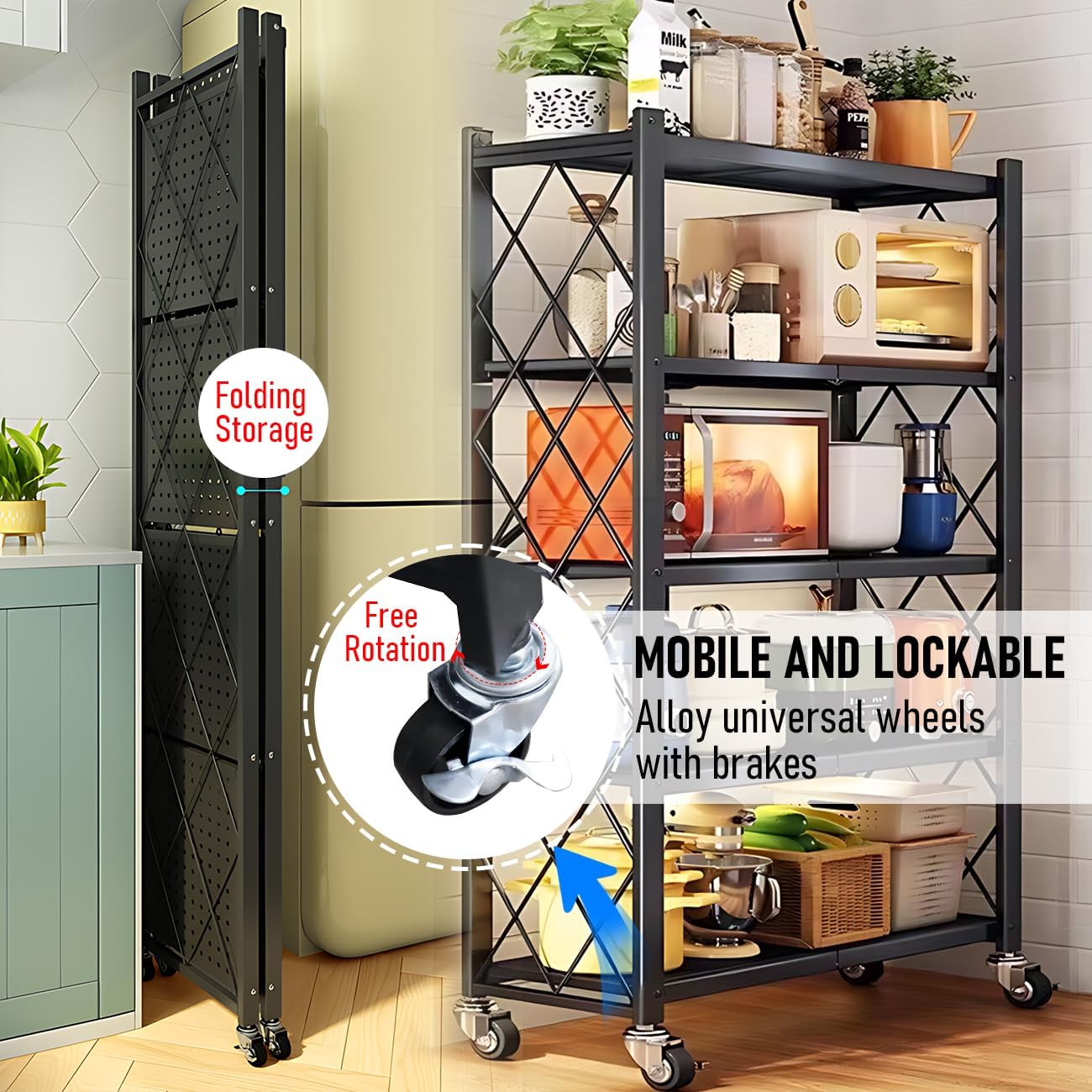 CARLA HOME 5-Tier Foldable Storage Shelf with Wheels for Kitchen, Garage, Pantry or Basement (Black) V178-36142