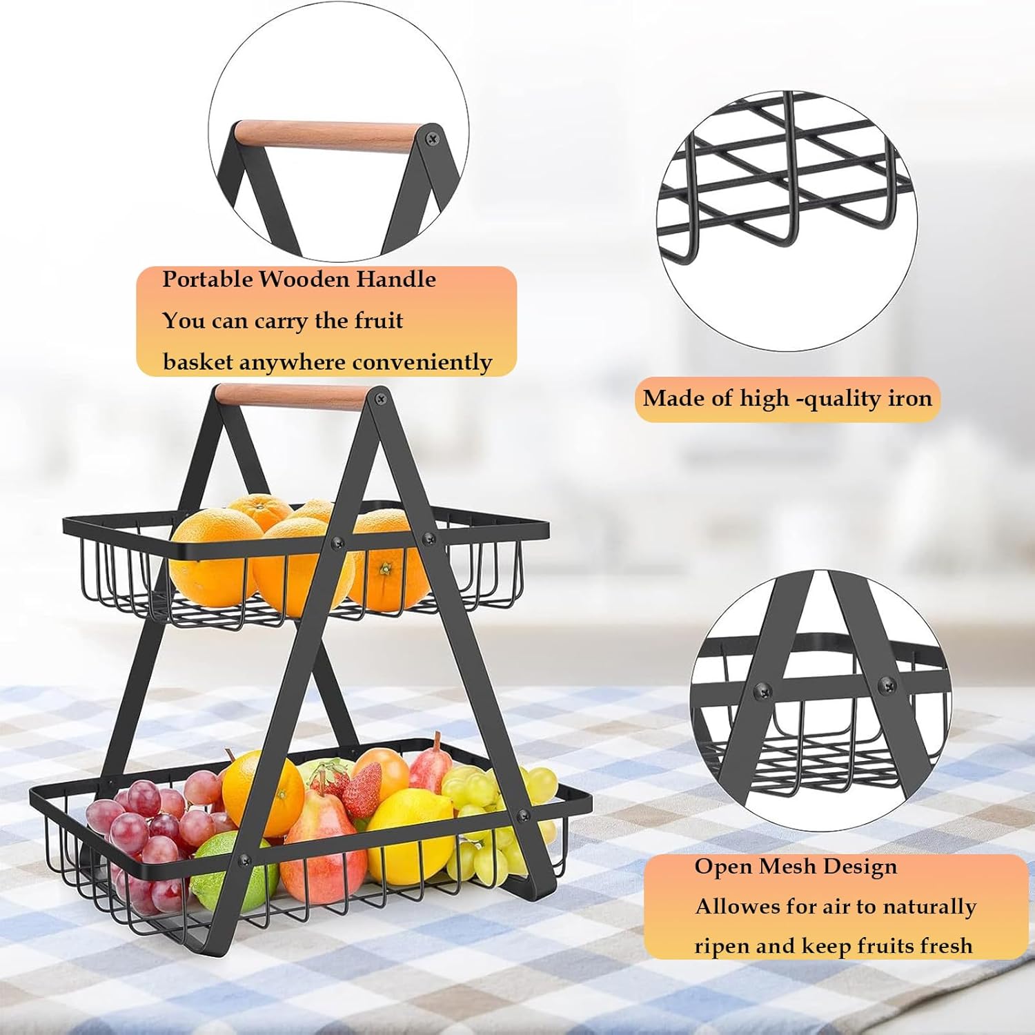 CARLA HOME 2-Tier Fruit Basket Stand for Kitchen Countertop for Fruits, Vegetables, Bread & Snacks with V178-36147