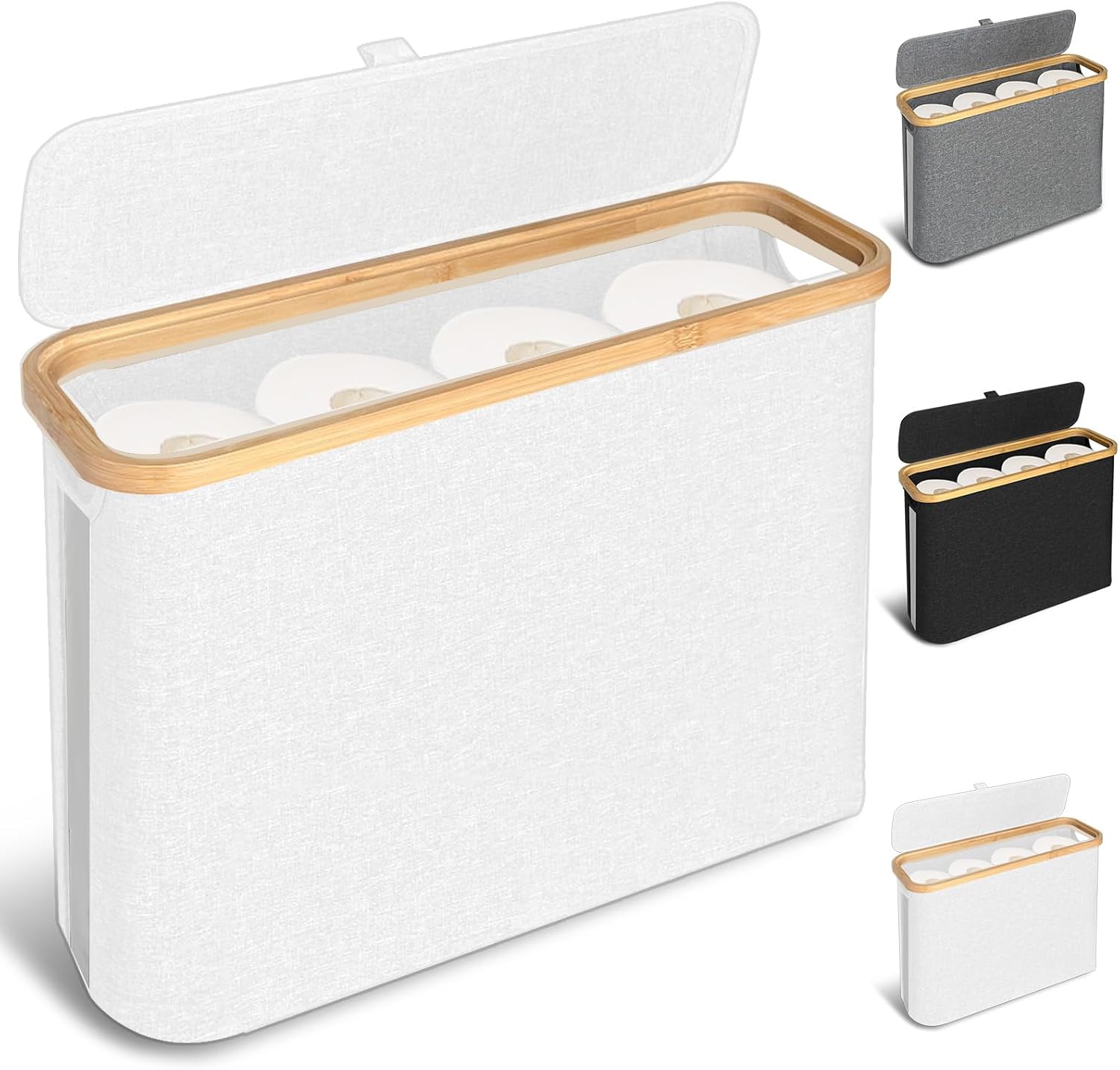 CARLA HOME Toilet Paper Storage Basket Holds Up to 12 Rolls with Bamboo Lid and Handle for RV Closet (White) V178-36150