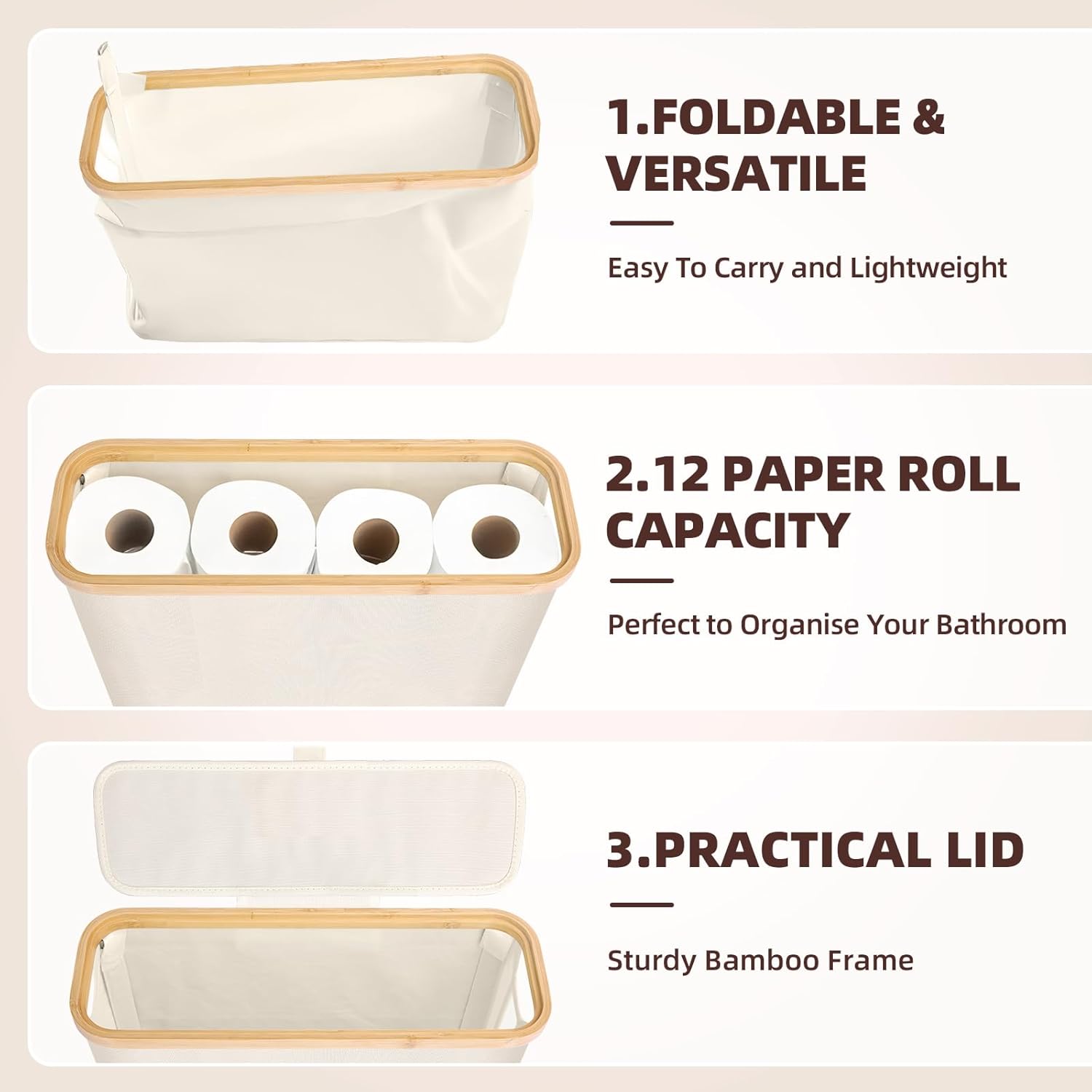 CARLA HOME Toilet Paper Storage Basket Holds Up to 12 Rolls with Bamboo Lid and Handle for RV Closet (White) V178-36150