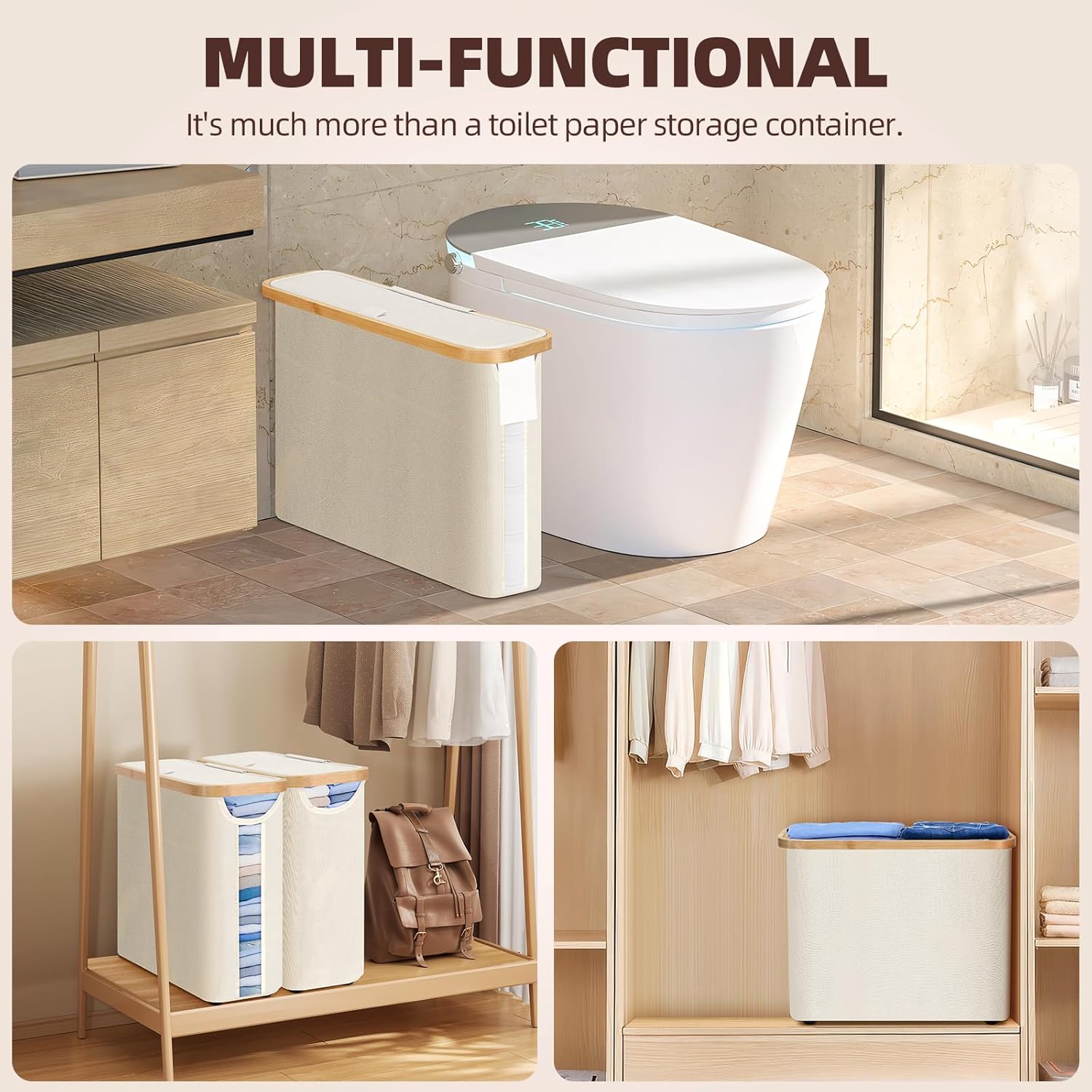CARLA HOME Toilet Paper Storage Basket Holds Up to 12 Rolls with Bamboo Lid and Handle for RV Closet (White) V178-36150