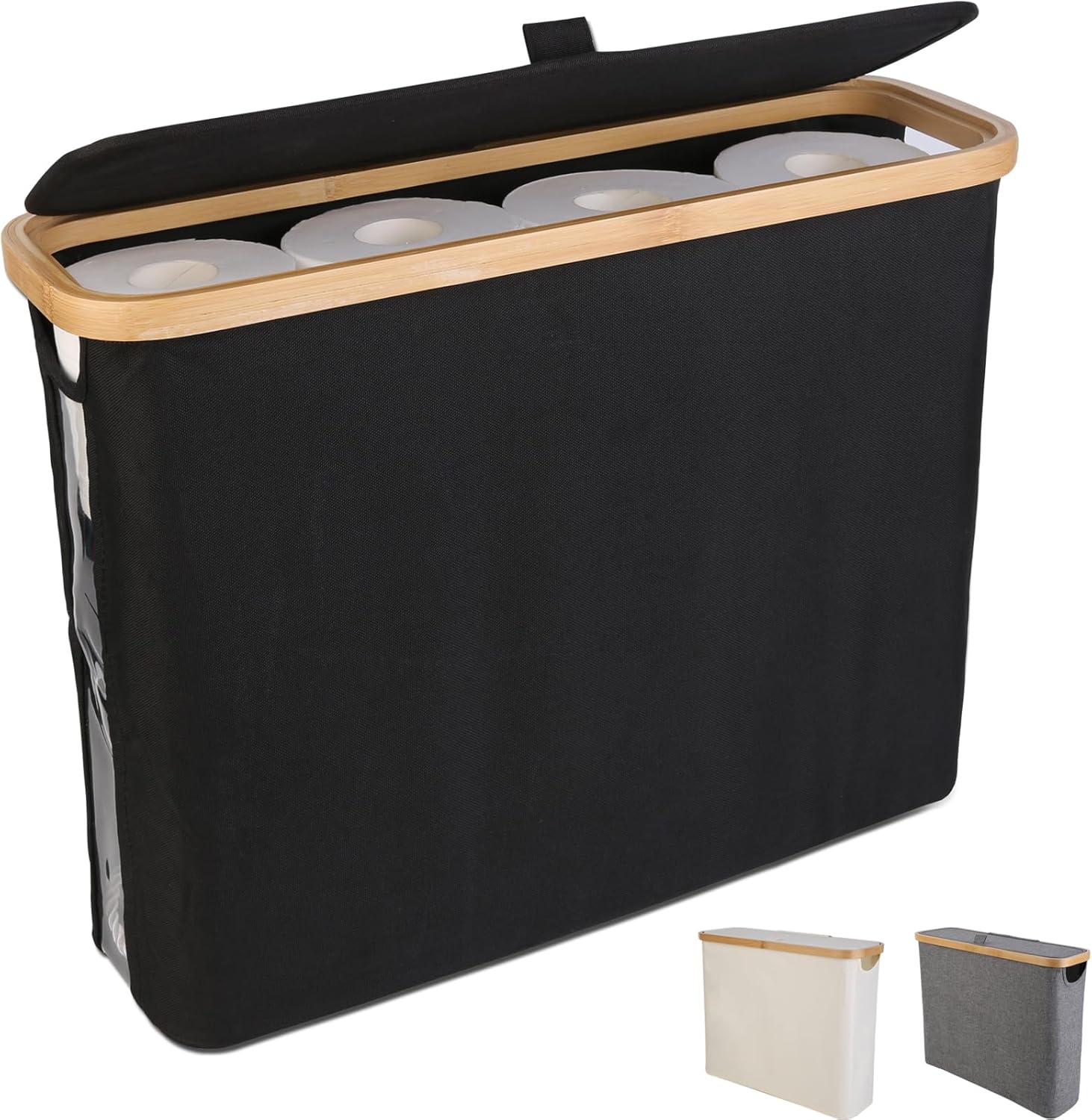 CARLA HOME Toilet Paper Storage Basket Holds Up to 12 Rolls with Bamboo Lid and Handle for RV Closet (Black) V178-36151