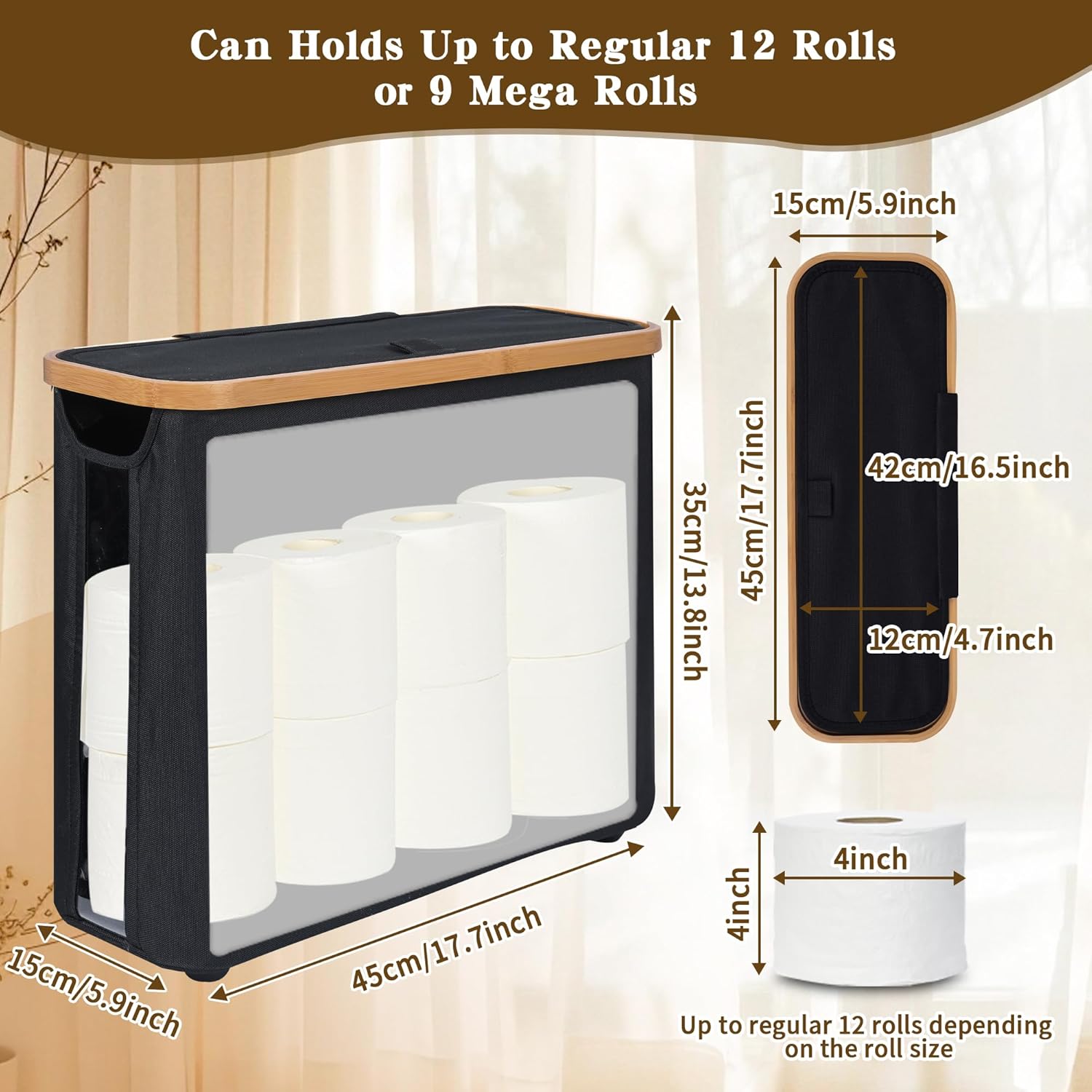 CARLA HOME Toilet Paper Storage Basket Holds Up to 12 Rolls with Bamboo Lid and Handle for RV Closet (Black) V178-36151