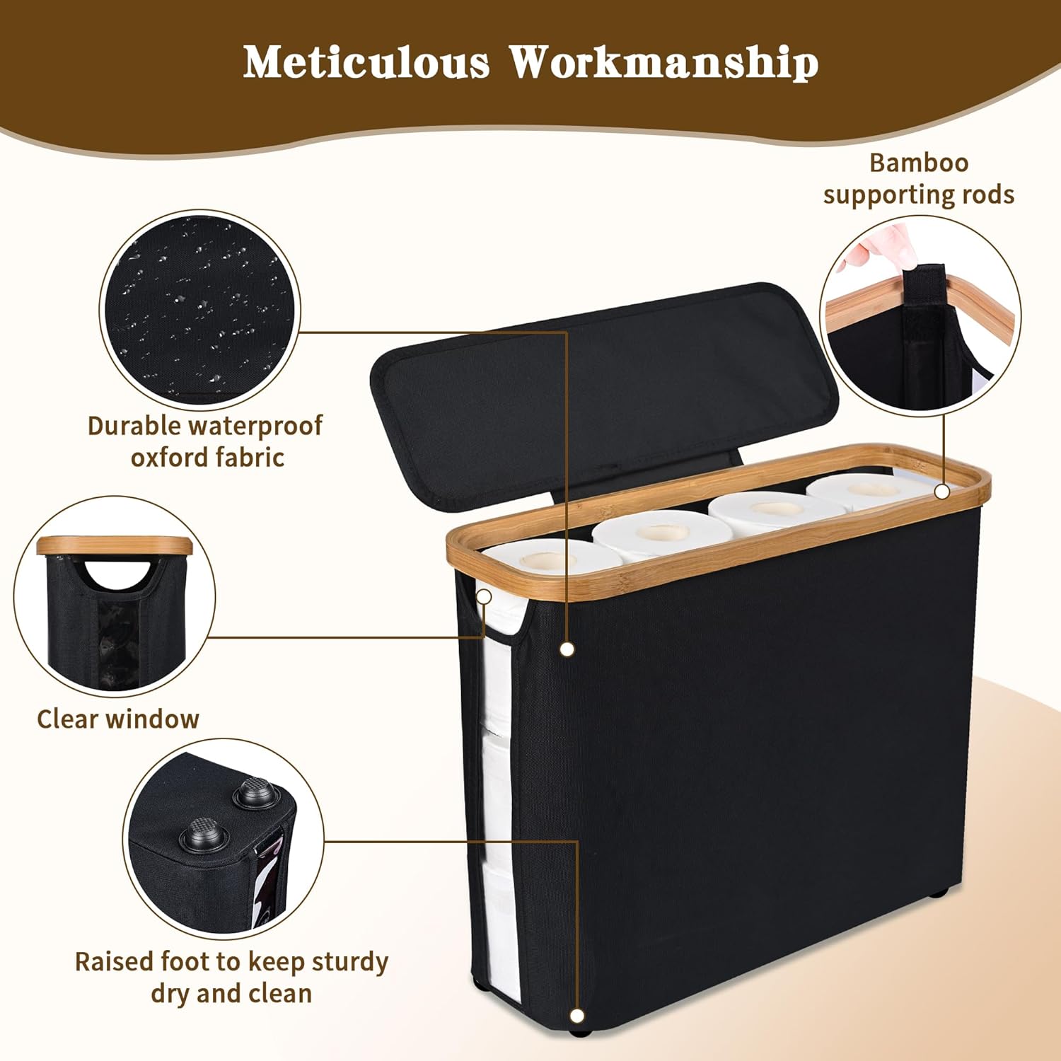 CARLA HOME Toilet Paper Storage Basket Holds Up to 12 Rolls with Bamboo Lid and Handle for RV Closet (Black) V178-36151