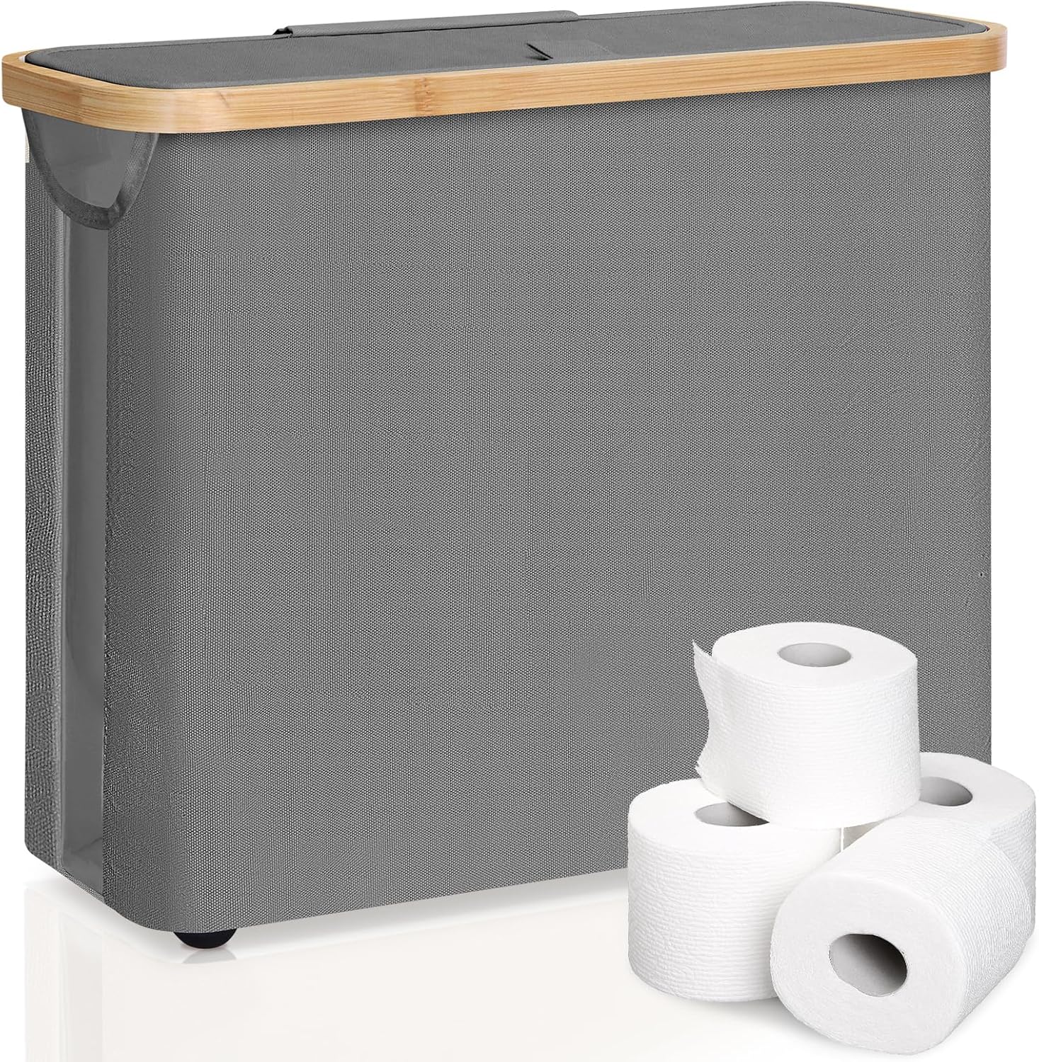 CARLA HOME Toilet Paper Storage Basket Holds Up to 12 Rolls with Bamboo Lid and Handle for RV Closet (Grey) V178-36152