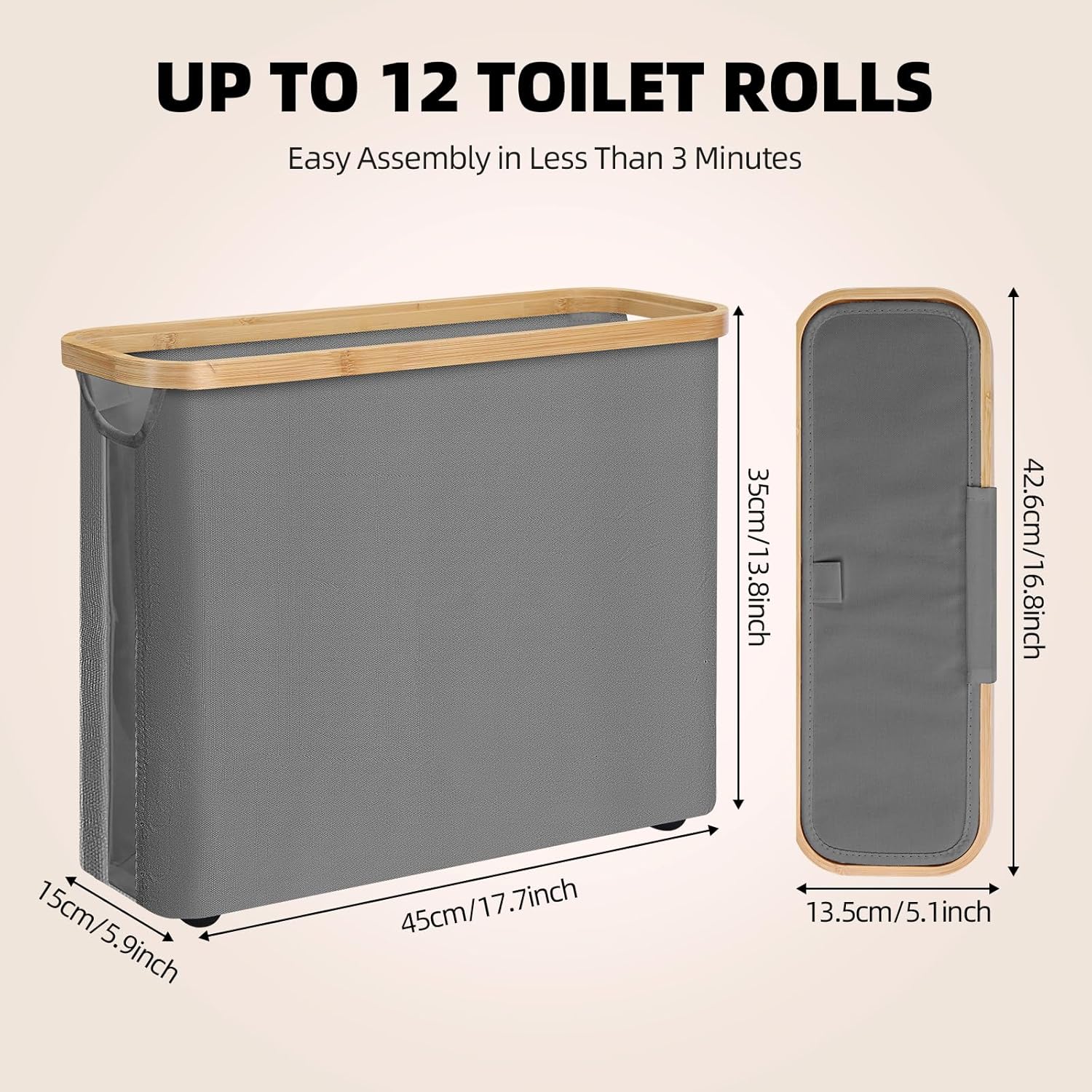 CARLA HOME Toilet Paper Storage Basket Holds Up to 12 Rolls with Bamboo Lid and Handle for RV Closet (Grey) V178-36152